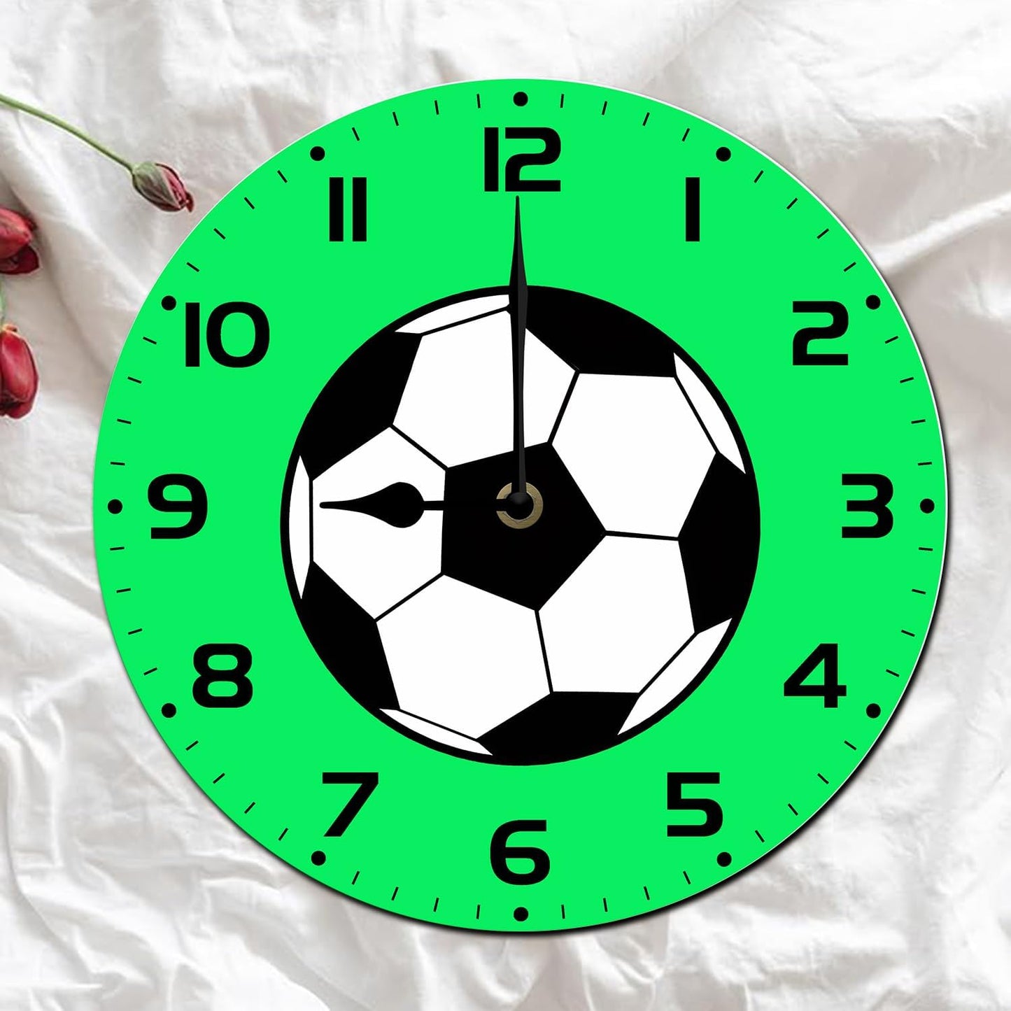 Soliyoahee Football Clock Round Wooden Wall Clock Home Decor Silent No Tick Battery Powered for Living Room Bedroom Kitchen Bathroom 10inch