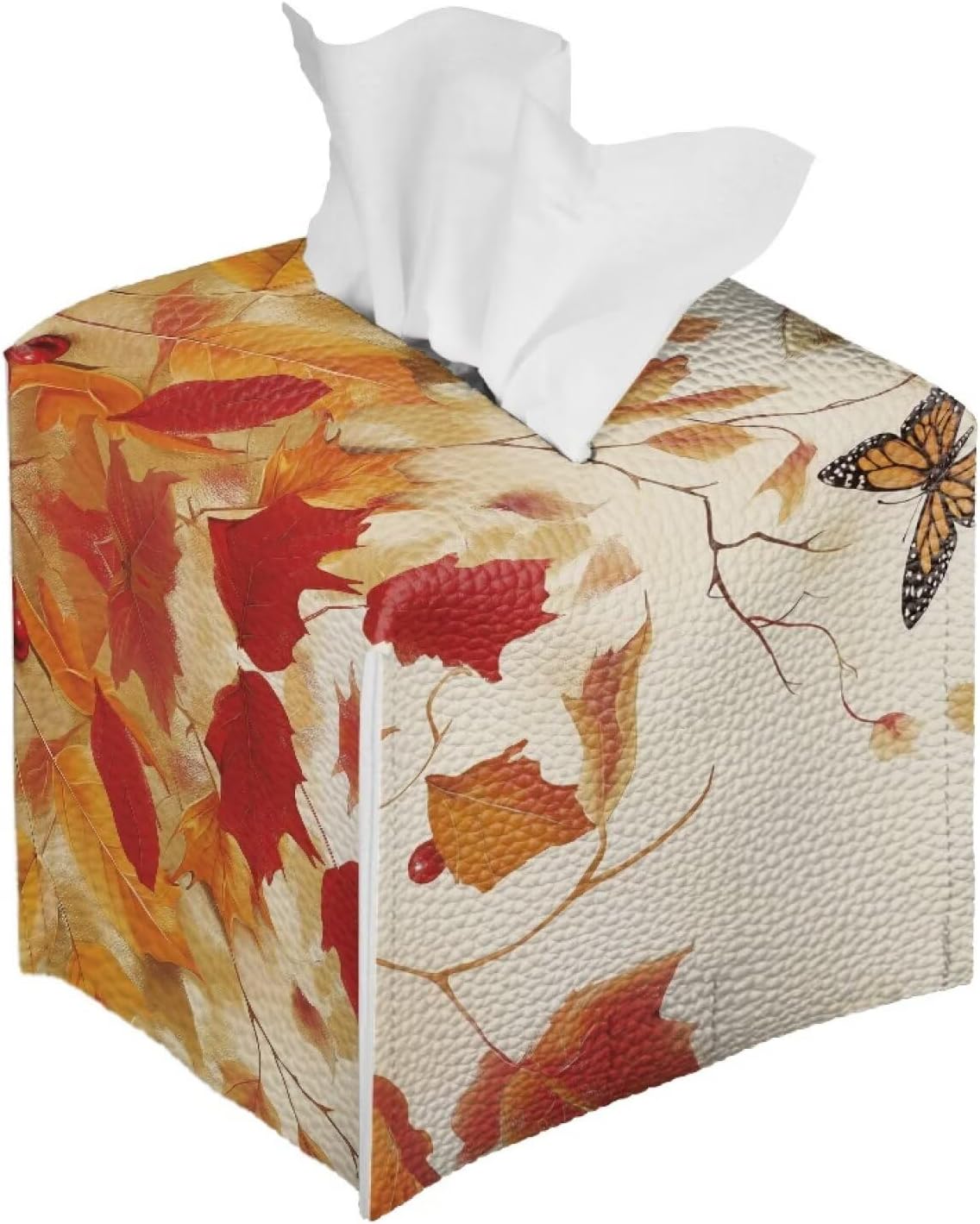Cute Cat Tissue Box Cover Cube Leather Tissue Box Holder Thanksgiving Facial Paper Organizer 5x5x5 inch Mordern Home Decor Accessories Fall Leaf Print