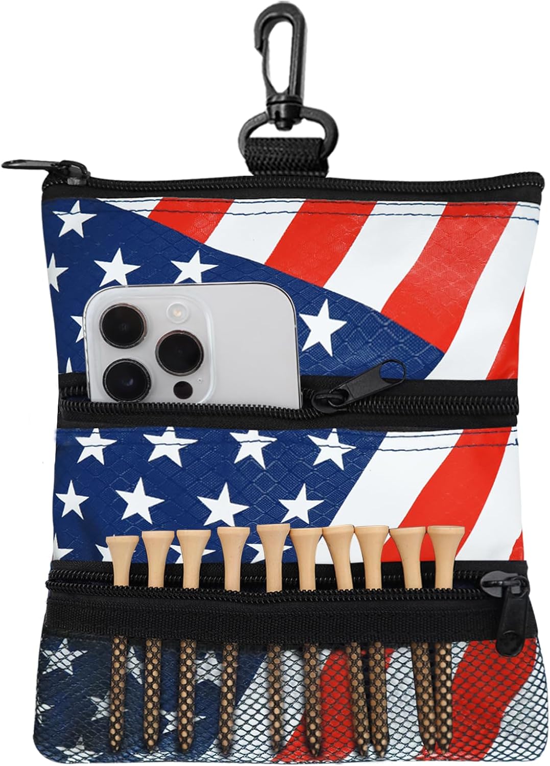Golf Bag Accessories Valuables Pouch Bags Multi Pocket Zipper Hook with 10 Pcs Wood Golf Tees for Men Women