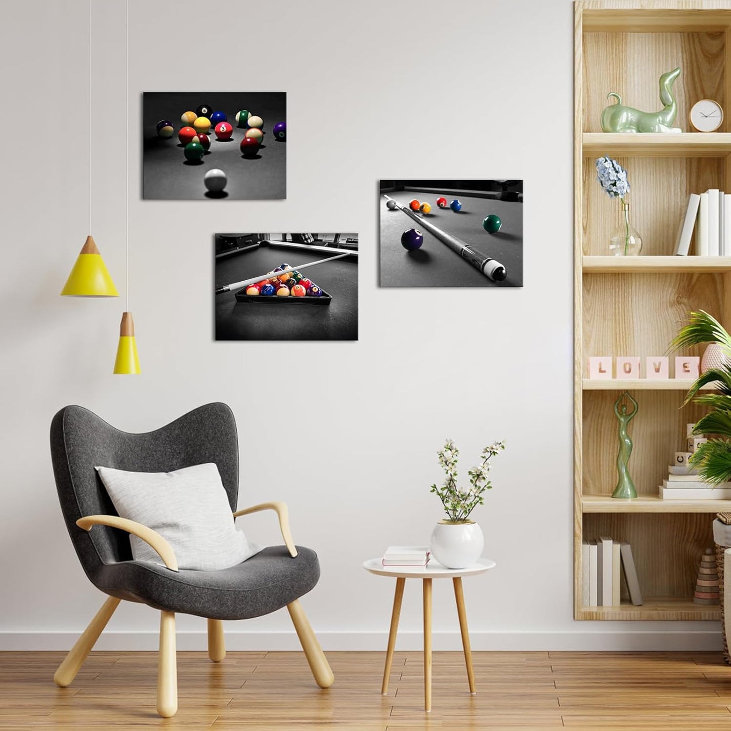 Apicoture Billiards Art Picture Wall Decor - Black And White Billiard Balls Pool Table Room Wall Decor Billiards Poster Prints Framed For Mens Berdroom Office Room Wall Art Ready To Hang (12"x16"x3Panels)