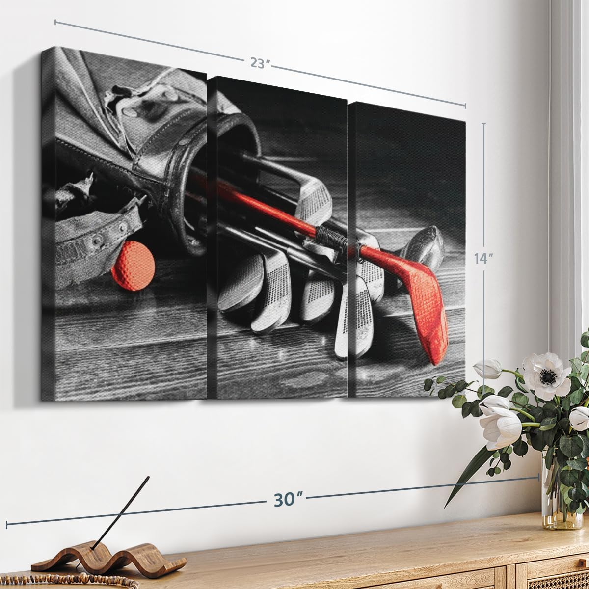 ElephantStock Golf Equipment Pop Wall Art - Horizontal Canvas - 3-Piece Living Room Wall Decor - Photography Sports Canvas Print - Black and Gray Decor for Wall - 23" X 14"