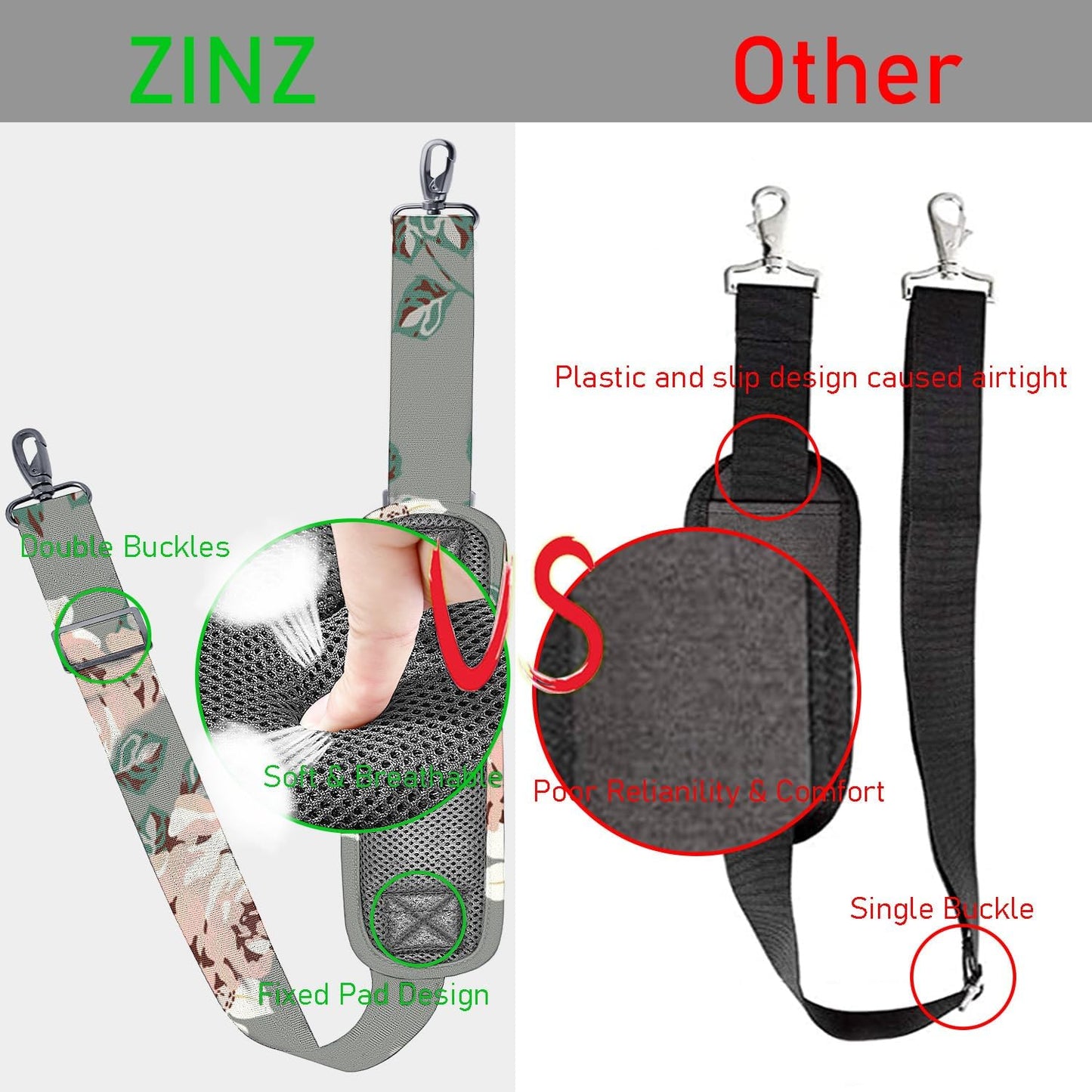 ZINZ 77 Inch Shoulder Strap Univesal Bag Strap with Fixed Pad Ultra Thick Plus Long & Breathable Cushion, Replacement Strap for Bags,Gray Rose
