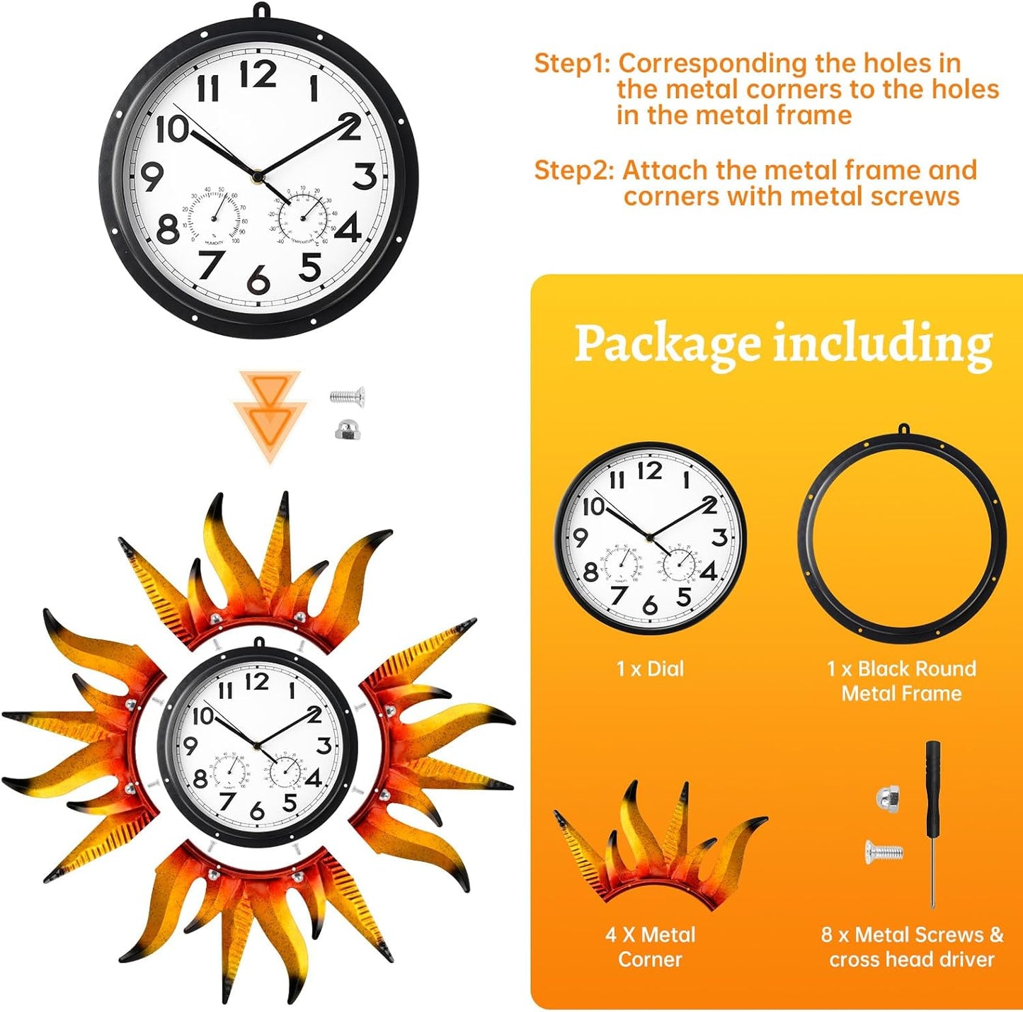 25-Inch Sun-Shaped Outdoor Clock and Thermometer Set, 10-Inch Dial, Battery Powered, Waterproof, Silent Quartz Movement (Yellow)