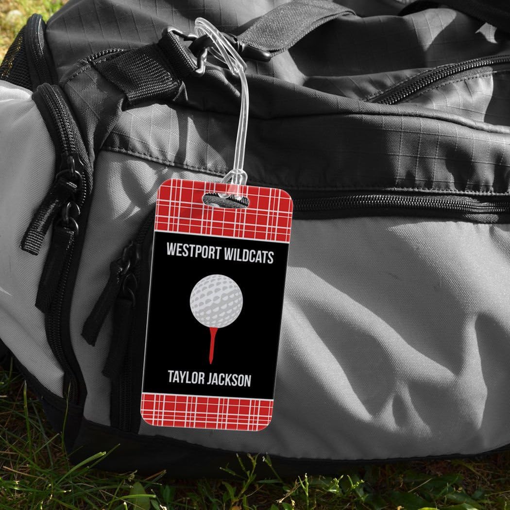 ChalkTalkSPORTS Golf Luggage & Bag Tag | Personalized Team with Golf Ball | Standard Lines on Back | Large | RED/Black