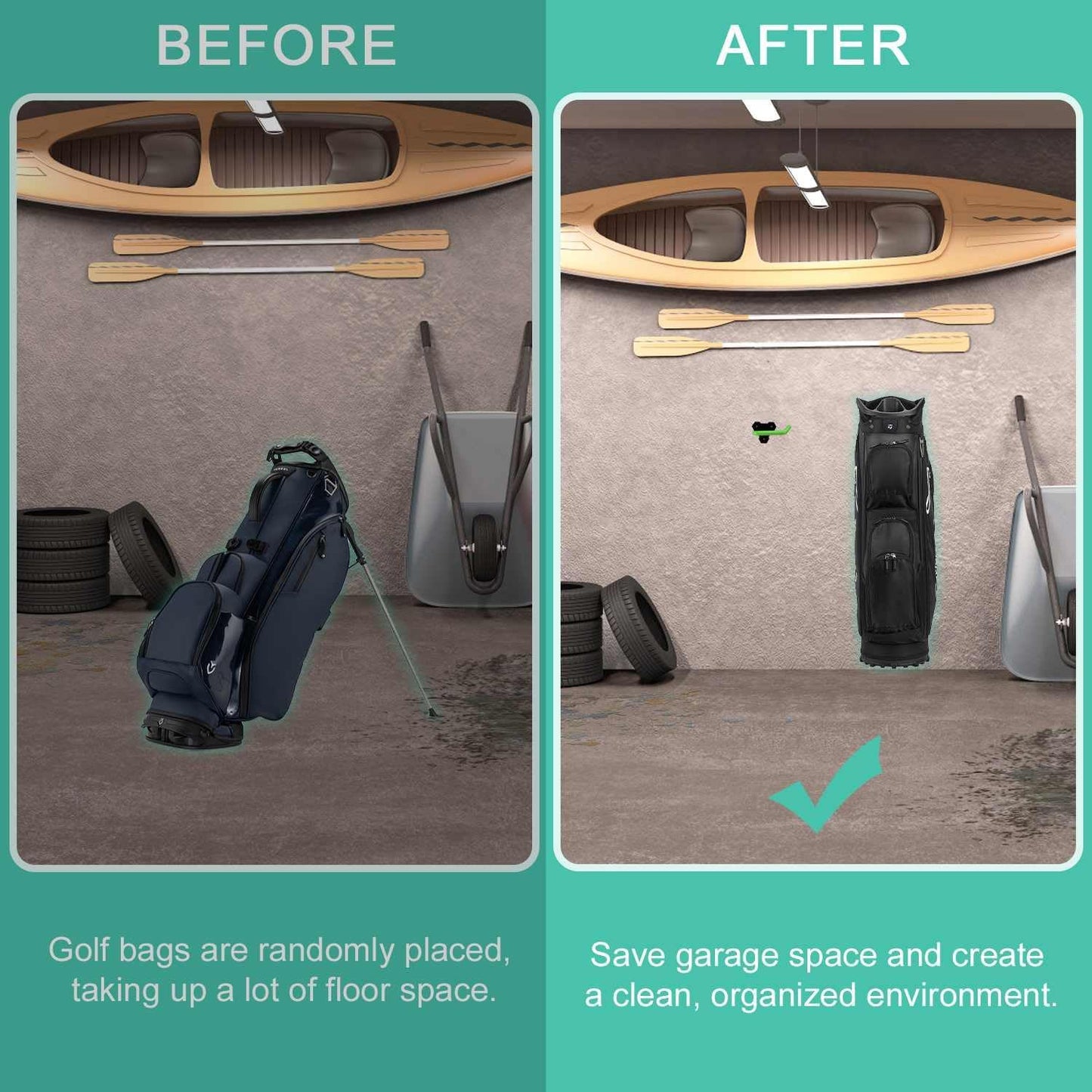 Wall Mounted Golf Bag Hook, 2 Bags Storage Racks Perfect for Garage Organization, Space Saving Hanging Organizer (Black)