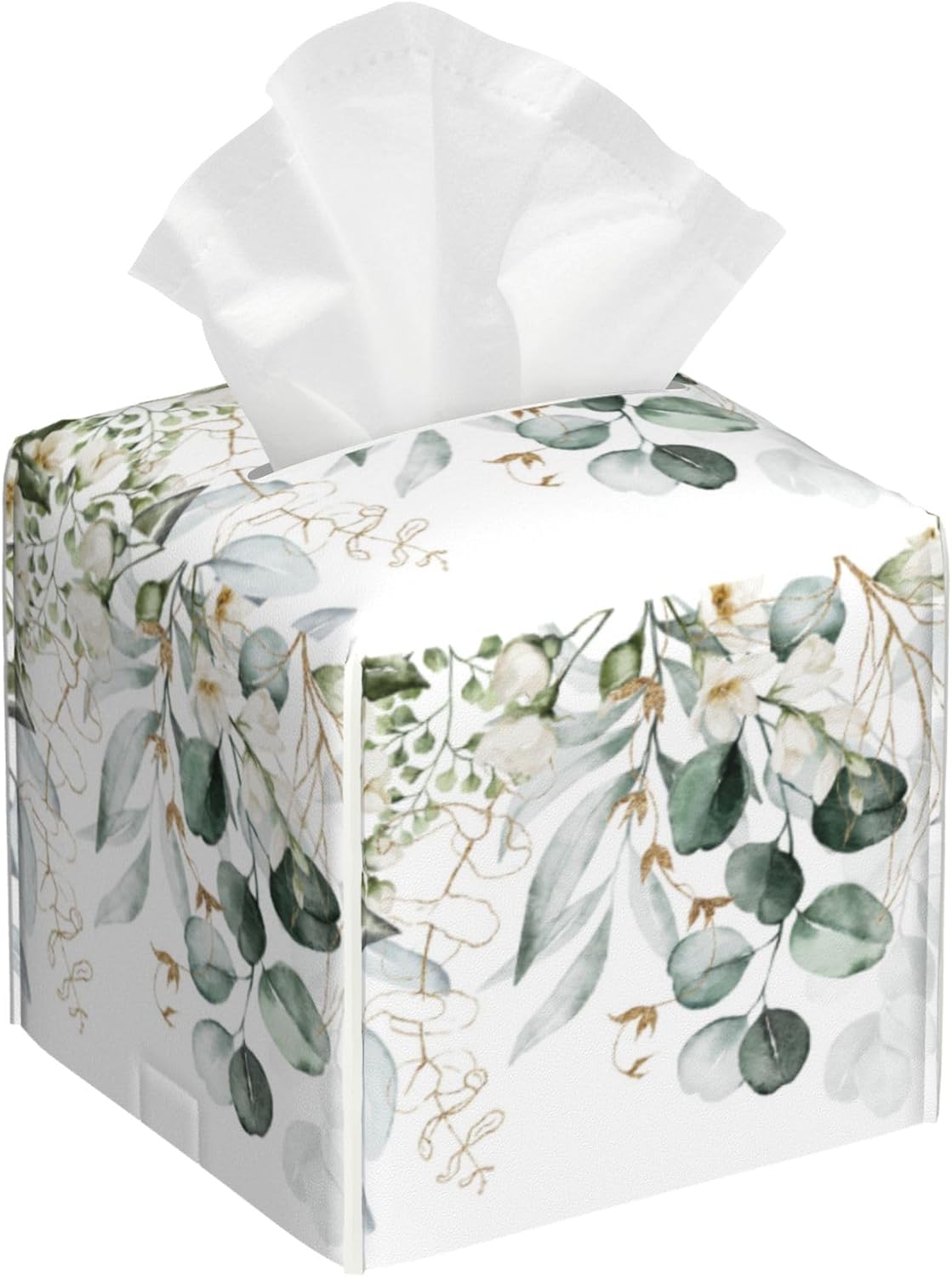 Eucalyptus Leaves and Flowers Tissue Box Cover Square,Watercolor Green Leaves Branches Tissue Box Holder Waterproof Leather Facial Paper Organizer Dispenser for Bathroom Home Car Nightstand Vanity