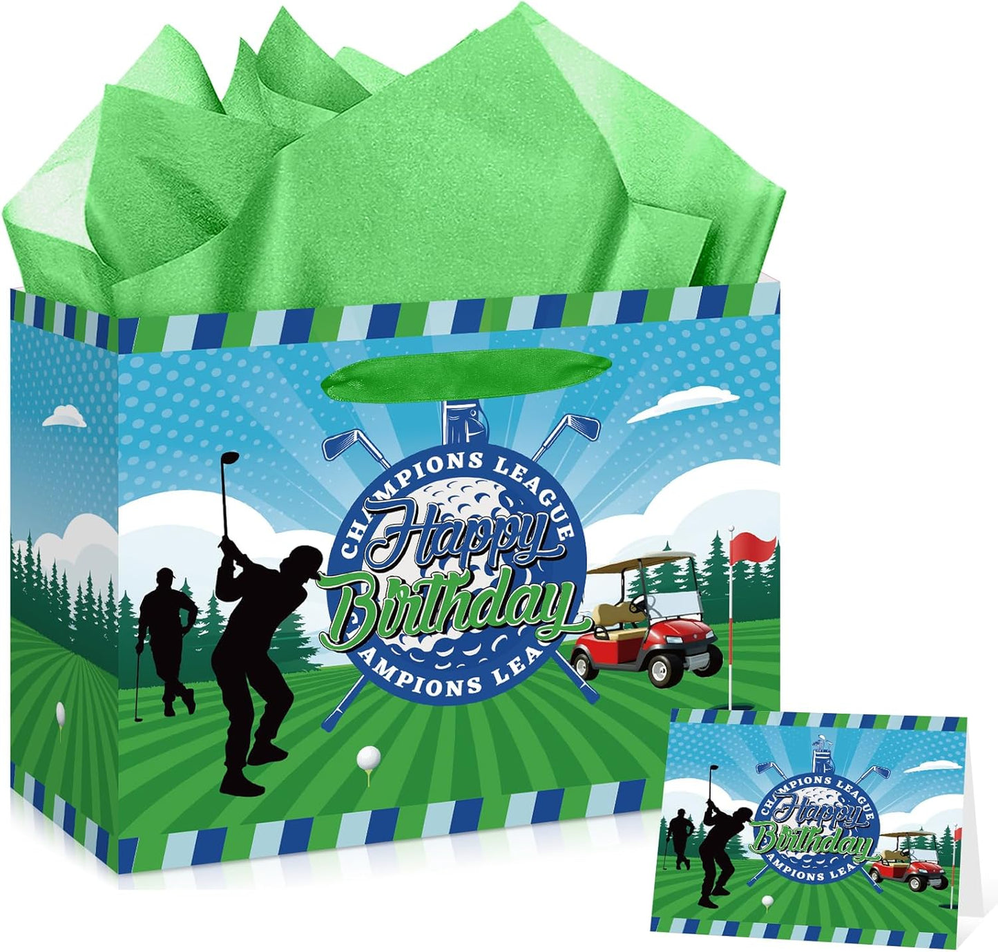 Innovoscape Golf Party Gift Bag Happy Birthday Wrapping Bag with Greeting Card and Tissue Green Birthday Paper Bag for Boys Girls Golf Party Decorations Baby Shower Bday Golf Theme Party Supplies