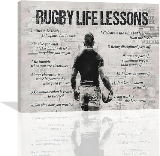 Rugby Life Lessons Wall Art Rugby Sports Wall Decor Rugby Sign Retro Poster Boy Men Motivational Decorations Canvas Print Painting Artwork for Bedroom Bathroom Living Room Gym 20"x16"
