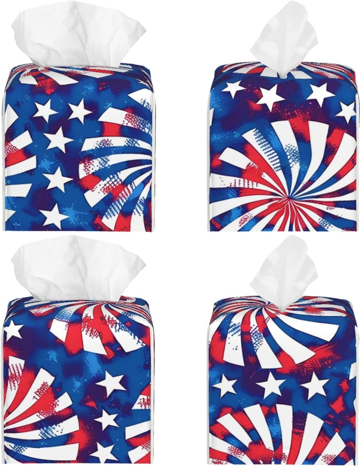 Tissue Box Cover American 4th of July Blue Red Elements Square PU Leather Tissue Box Holder for Car Bathroom Bedroom Desk Tabletop Decor