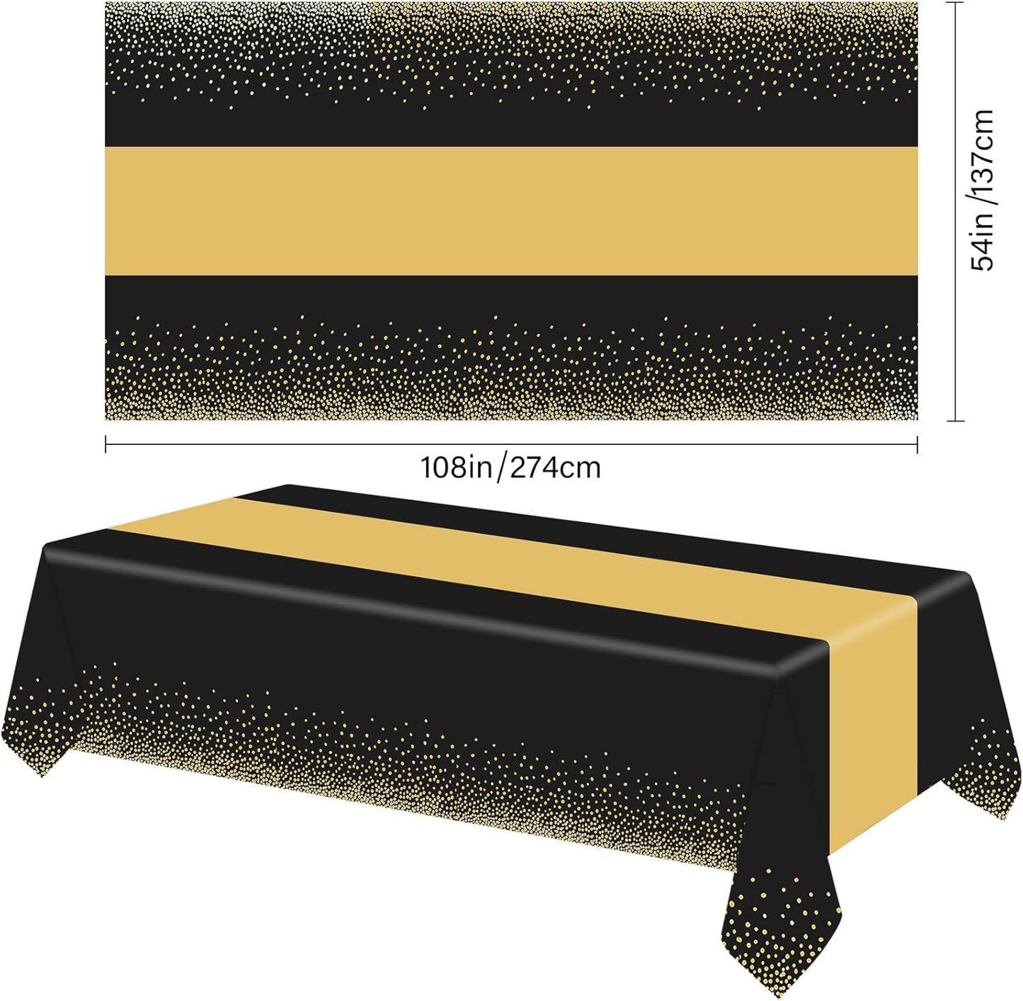 6 Pack Rectangle Plastic Dot Tablecloth Set, 54 X 108 Inch Plastic Table Cover, 12 x 108 Inch Satin Table Runners for Wedding Graduation Birthday New Year Party Decorations (Black, Gold)