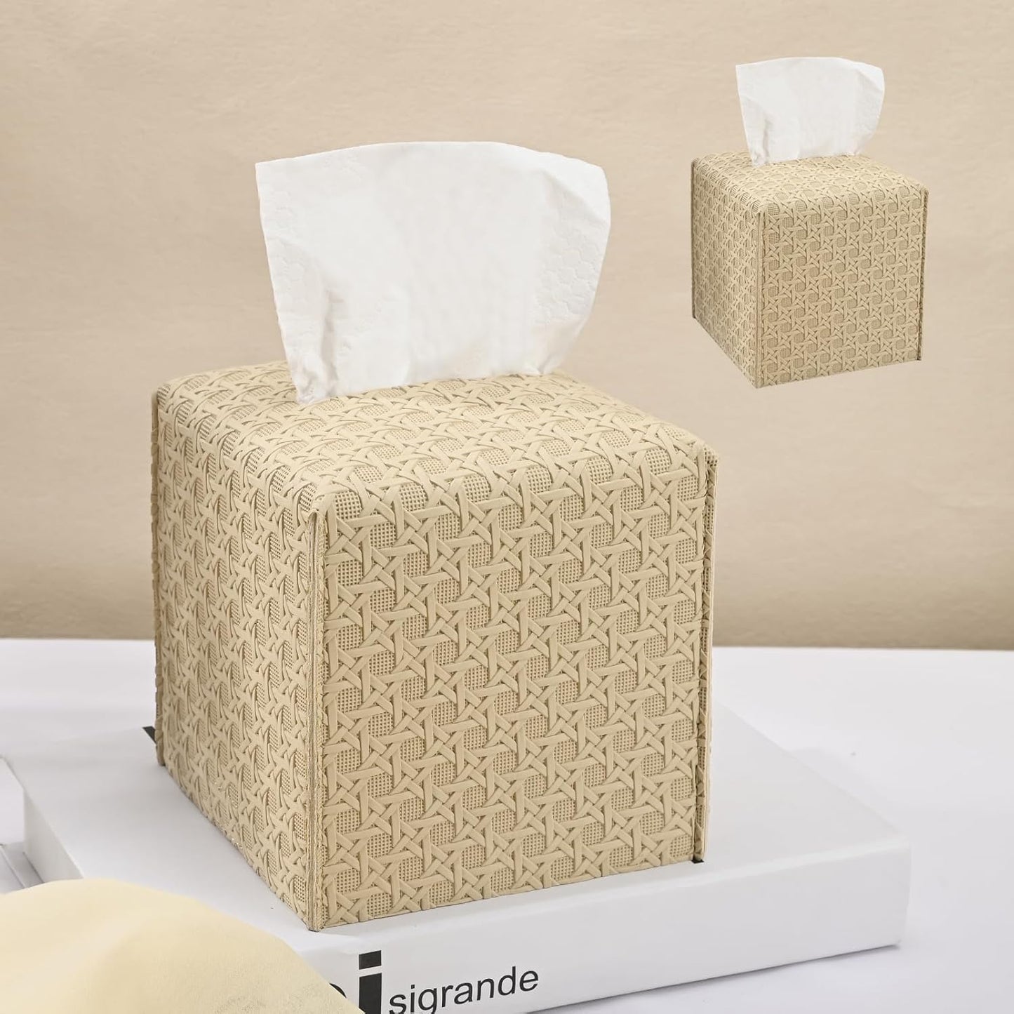 HOMOTEK 2 Pack Tissue Box Cover, Square PU Leather Tissue Holder, Decorative Facial Tissue Cube Paper Organizer Dispenser for Bathroom, Night Stands, Desk, Car 5X5X5'' - Rattan Weave,Beige
