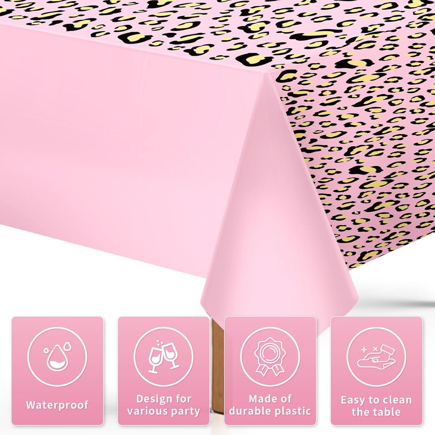 Grencian 3Pcs Cheetah Print Tablecloth Pink Leopard Print Table Cover Plastic Rectangle Leopard Table Cloth for Jungle Safari Animal Cheetah Birthday Baby Shower Party Decorations, 54 x 108 inch