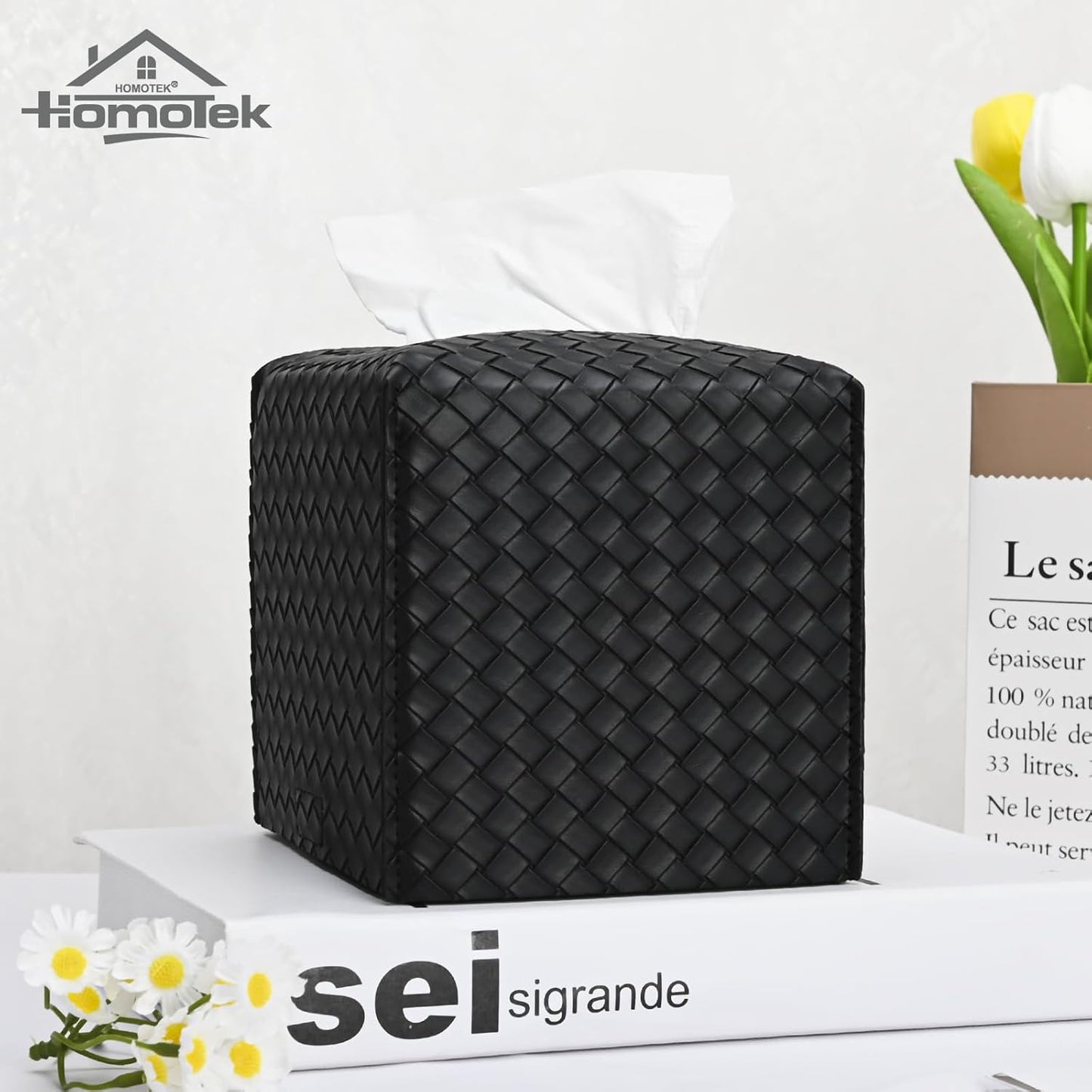 HOMOTEK 2 Pack Tissue Box Cover, Square PU Leather Tissue Holder, Decorative Facial Tissue Cube Paper Organizer Dispenser for Bathroom, Night Stands, Desk, Car 5X5X5'' - Woven Waffle,Dark Black