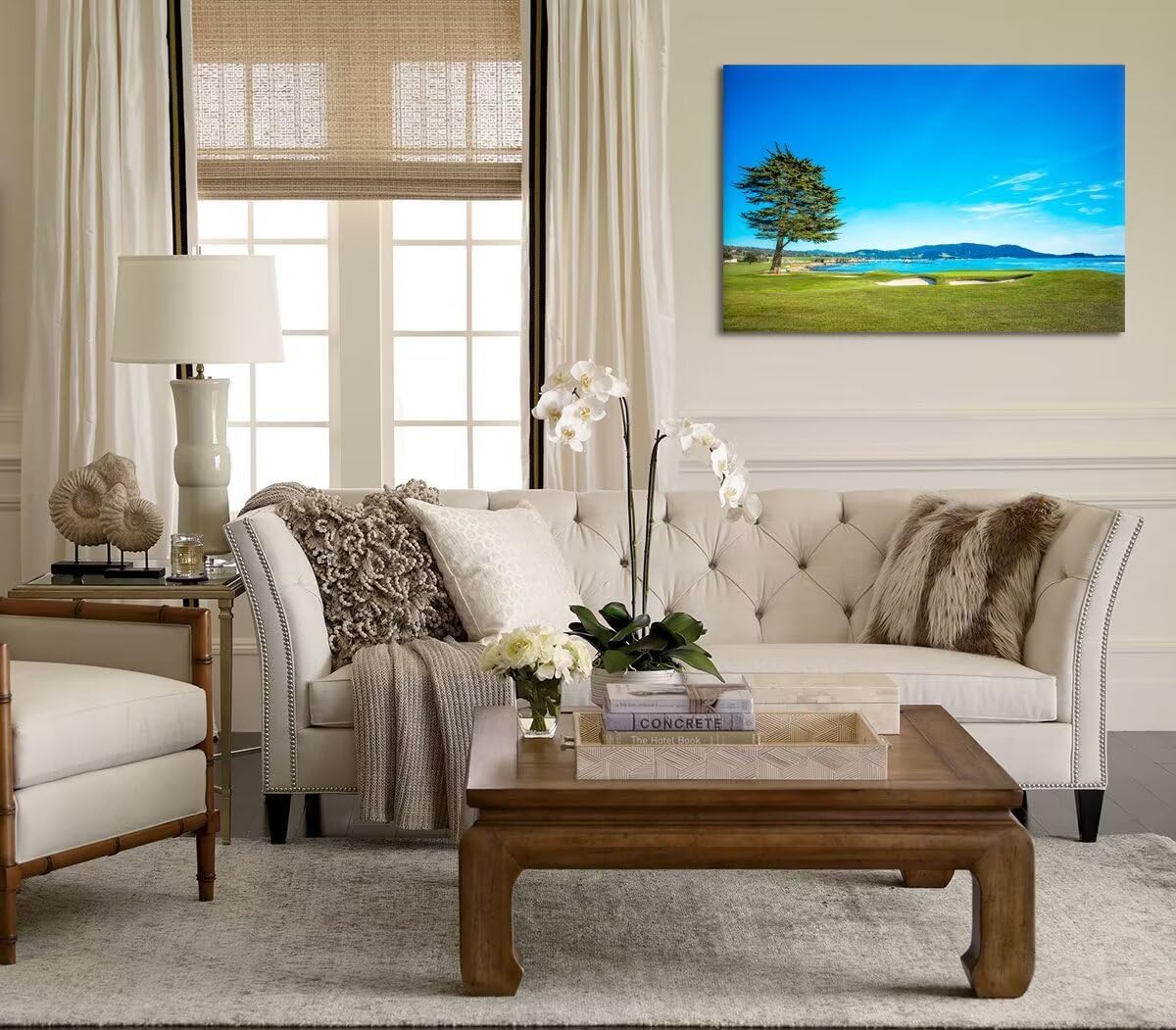 Pebble Beach Golf Course 18th Hole Green Wall Art for Living Room Bedroom Bathroom Home Decorations Golf Course Picture Poster Canvas Prints Modern Framed Artwork Ready to Hang(18''H x 24''W)