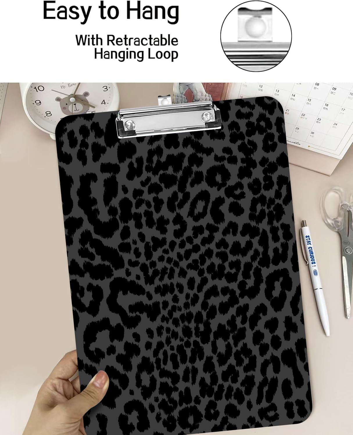 Fashion A4 Clipboard, Standard Letter Size 9" x 12.5", Decorative Wooden Clipboard with Low Profile Metal Clip for Office, School, Teachers, and Students, Black Leopard Wild Animal Cheetah