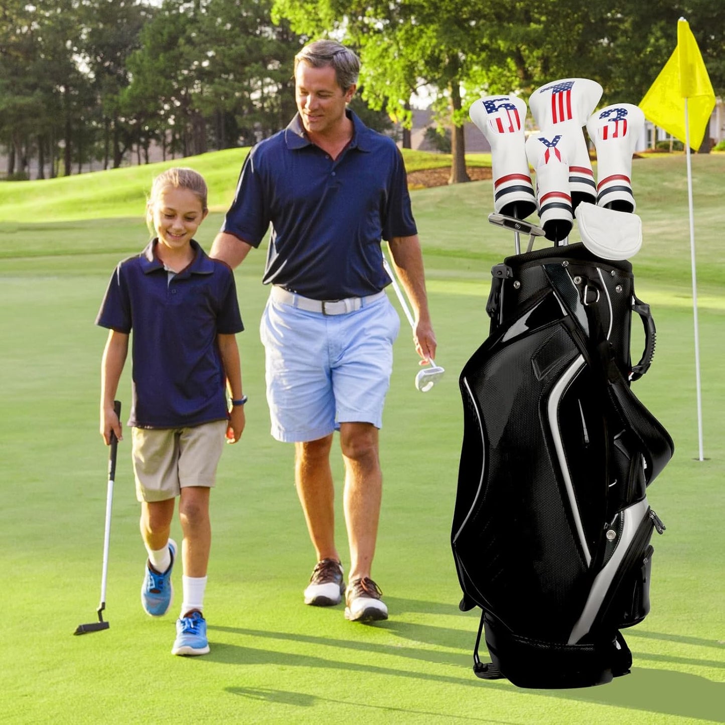 Golf Head Covers, 4pcs or 1pc USA Stars and Stripes Golf Club Covers for Woods and Driver Fairway Hybrid, PU Leather Golf Club Head Covers for Men Women with Interchangeable Tags, Fits Most Golf Clubs