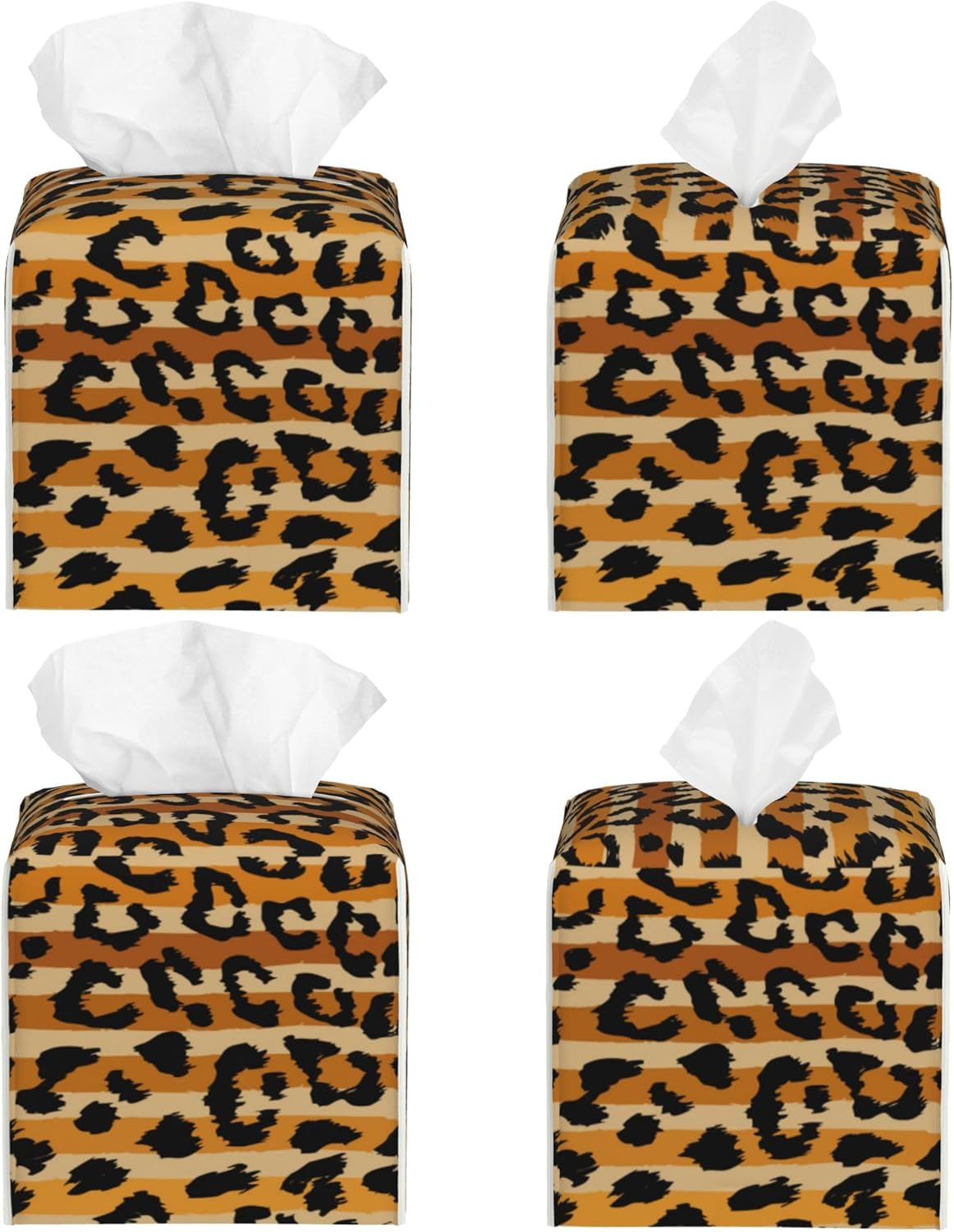 Leopard Prints Tissue Box Cover Square,Sand Leopard Stripes Tissue Box Holder Waterproof Leather Facial Paper Organizer Dispenser for Bathroom Home Car Nightstand Vanity Desk