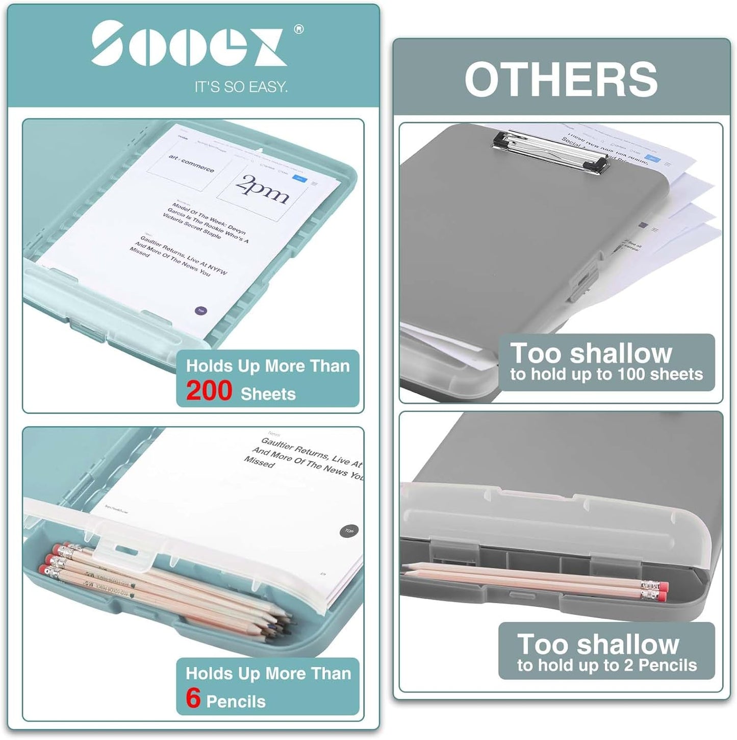 Sooez Clip Boards 8.5x11 with Storage, High Capacity Storage Clipboard, Nursing Clipboard Folder with Pen Holder, Heavy Duty Plastic Clipboard with Low Profile Clip, Clipboard Binder for Teacher, Work