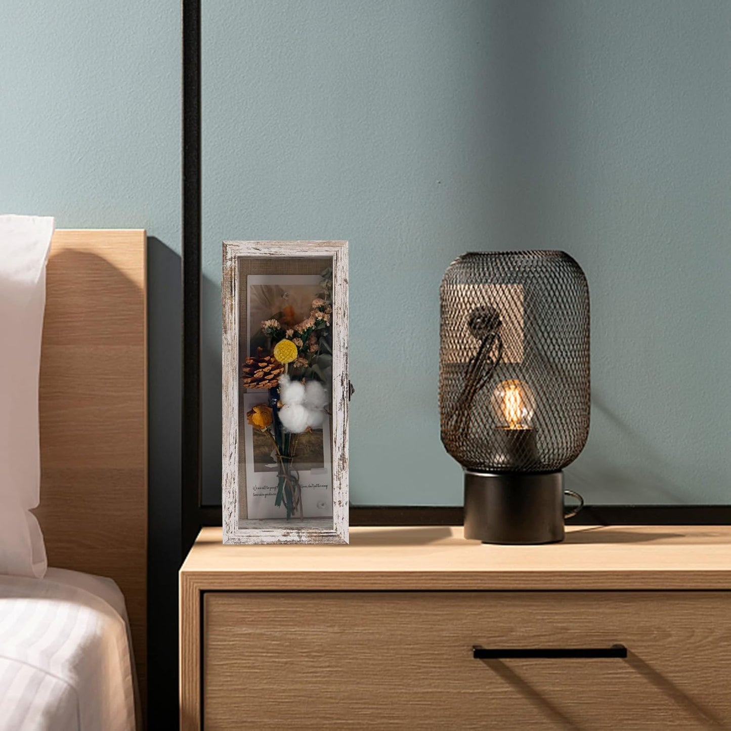 GraduatePro Shadow Box Frame 5x12.5 Display Case with Linen Back, Real Glass Window Door with Hinge, Picture Frame Wedding Bouquet Memorabilia Medals Photos Memory Box for Keepsakes, Rustic White