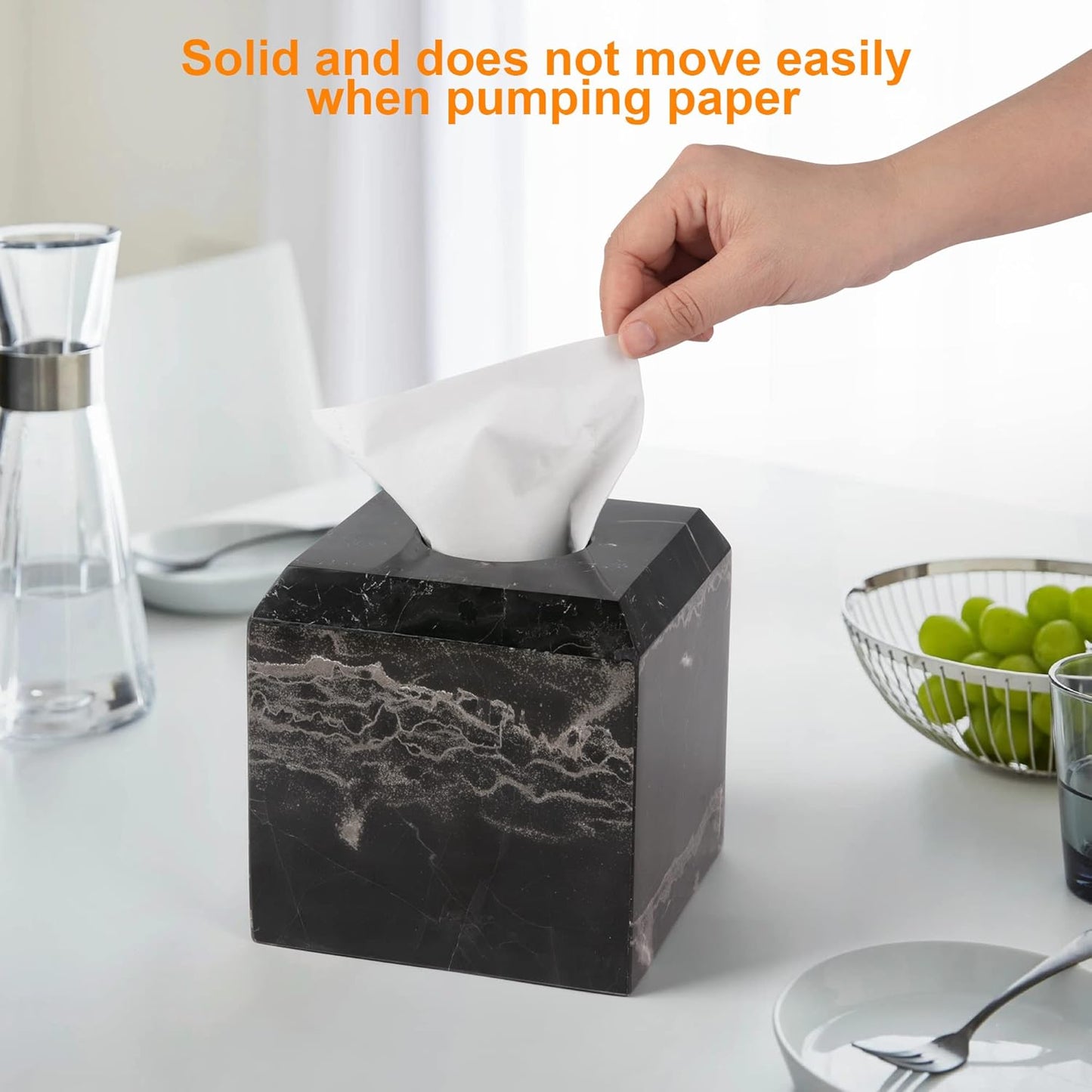 WORHE Tissue Box Cover Italy Natural Marble Heavy Duty Square Facial Toilet Paper Holder for Bathroom Living Room Bedroom Dresser Kitchen Minimalistic Office Home Decor Black (WH013)