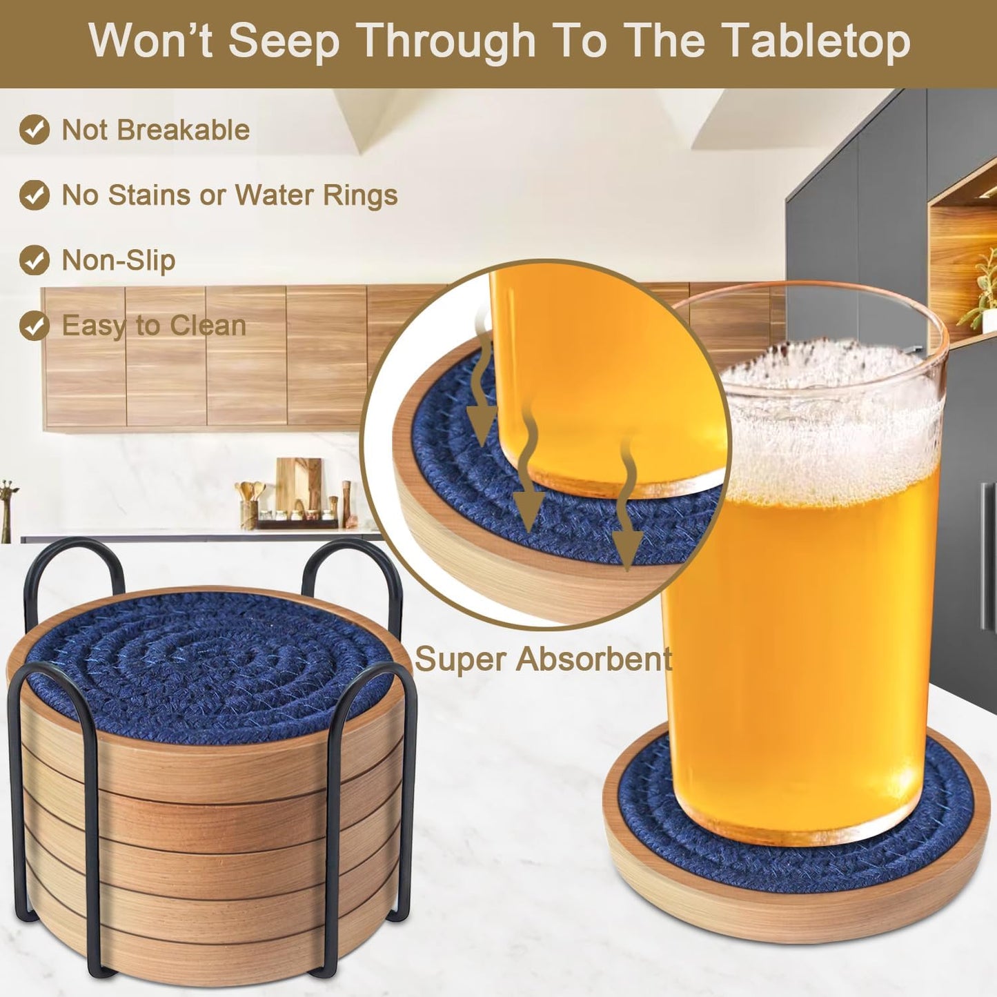 6 Pack Coasters for Drinks Absorbent, Wooden Coasters for Coffee Tables, Cup Mat for Kitchen, Farmhouse, Bar, and Office 4.3 inches (Dark Blue)