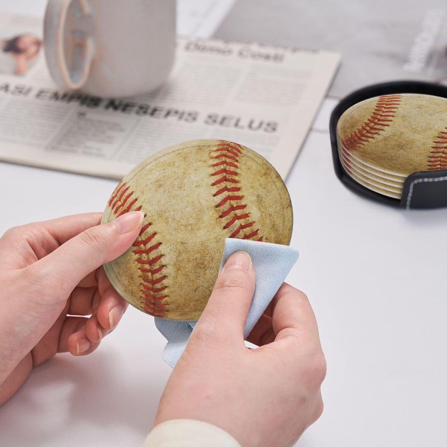 6 Pcs Baseball Drink Coasters with Holder Coasters for Drinks Coffee Table Home Decor Housewarming Gift