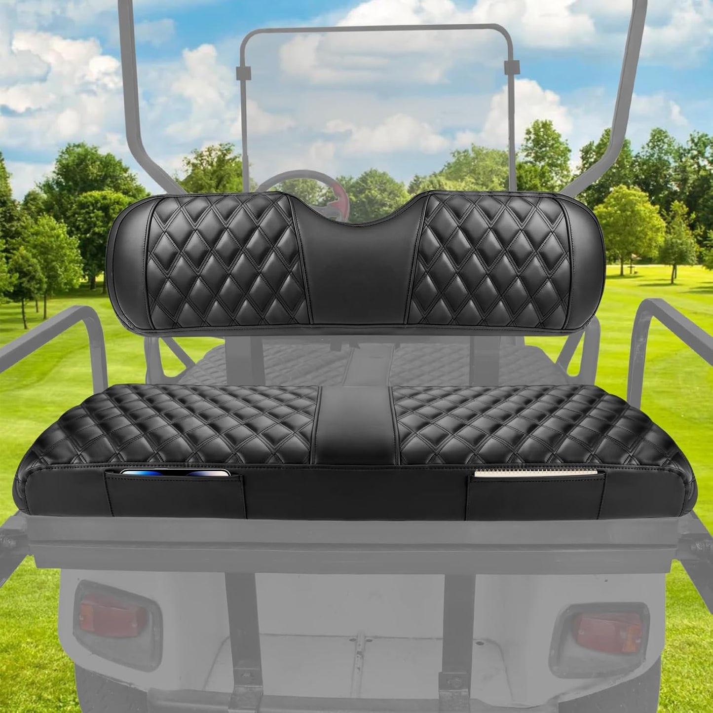 Golf Cart Rear Seat Covers for EZGO Club Car Yamaha Aftermarket Rear Seat Cushion, Rear Seat Cover Set with Concave and Convex Design, Thick Vinyl Leather Comfortable Breathable