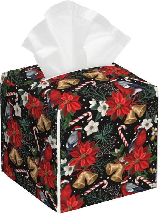 Christmas Poinsettia Flowers Tissue Box Cover Square,Xmas Bells Candy Cane Tissue Box Holder Waterproof Leather Facial Paper Organizer Dispenser for Bathroom Home Car Nightstand Vanity Desk