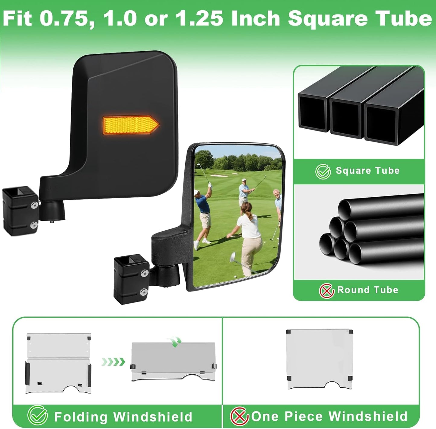 No Drilling Golf Cart Side Mirrors with Built-In Reflector, Universal HD Folding Side View Mirrors Fit EZGO, Club Car, Yamaha Golf Carts, for 0.75"/1"/1.25" Square Strut, Shatterproof Anti-Fog Glass