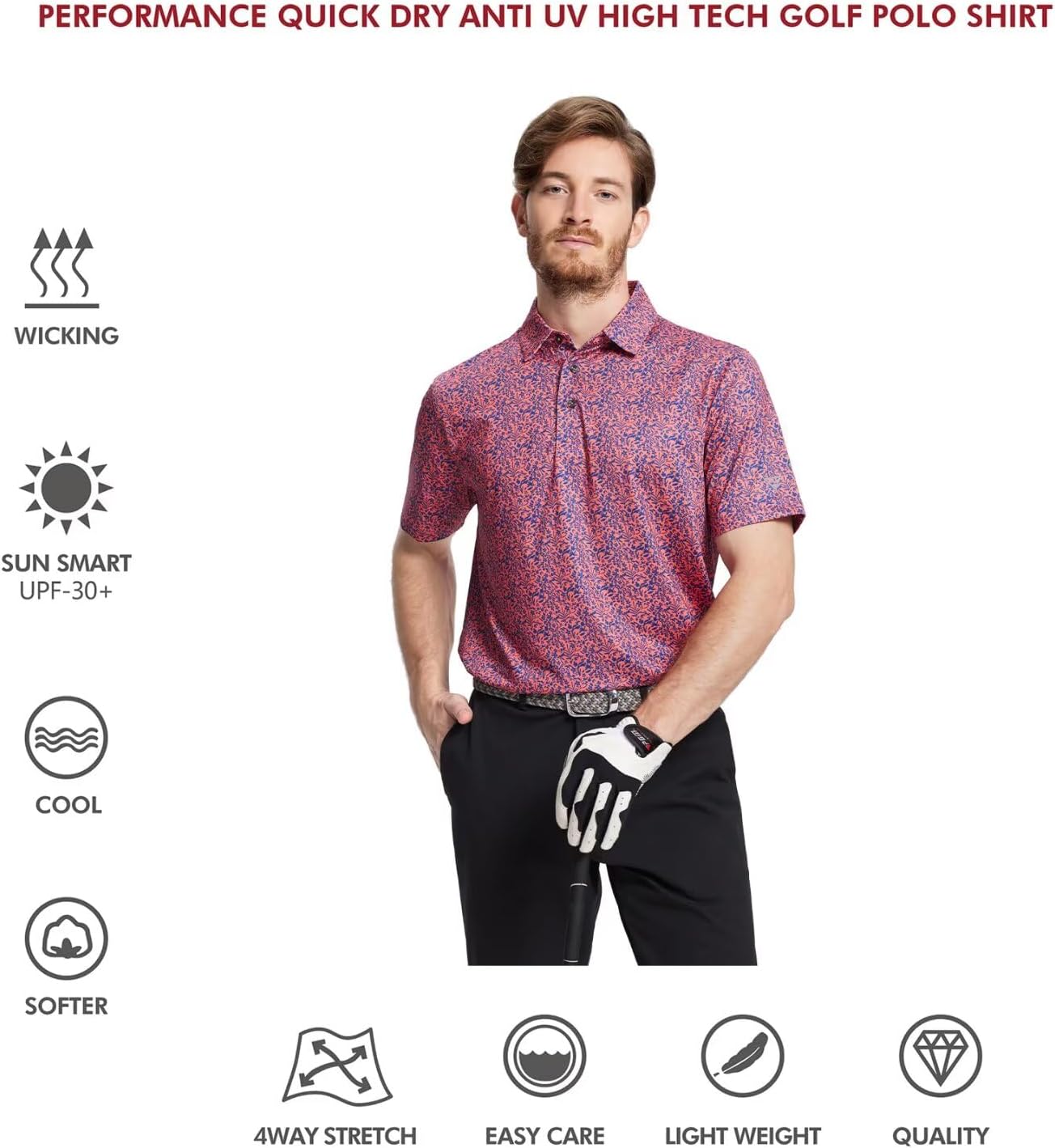Golf Shirts for Men Dry Fit Short Sleeve Print Performance Moisture Wicking Polo Shirt