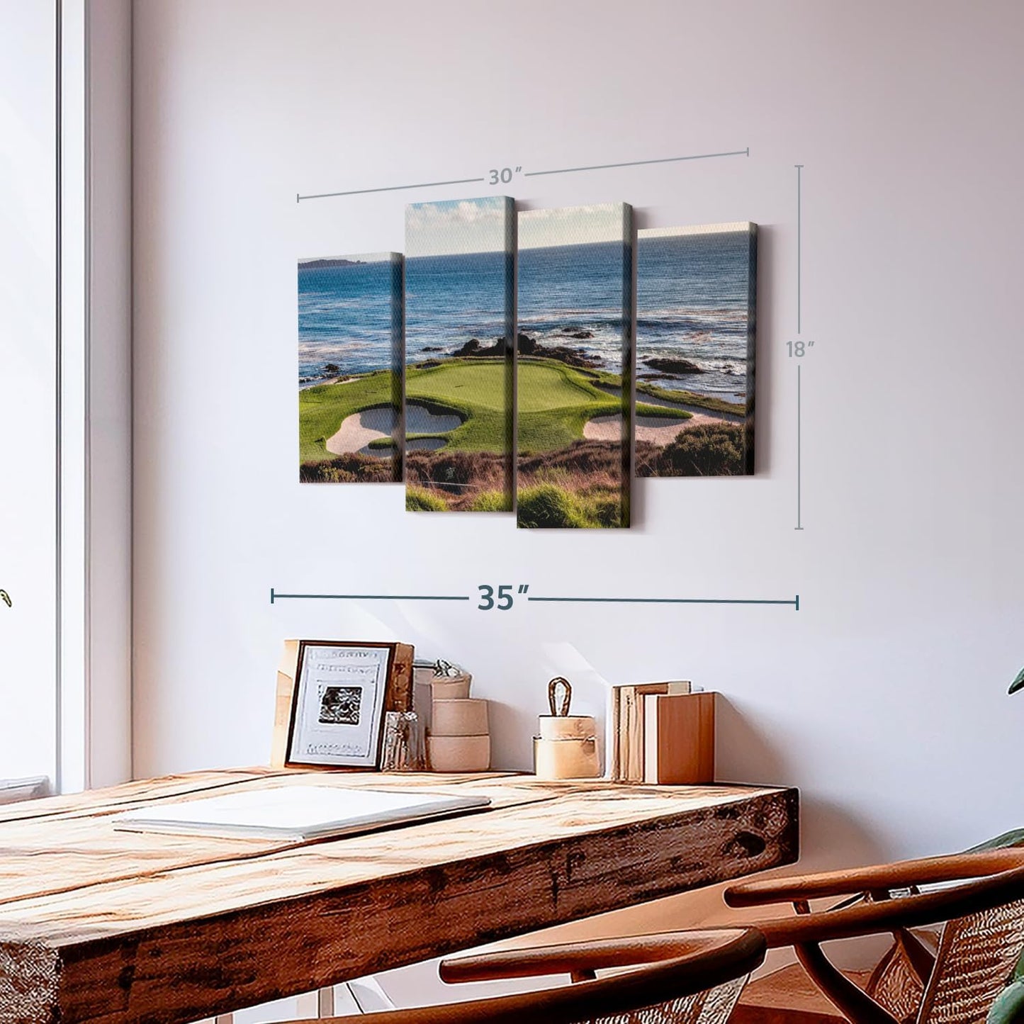 Elephant Stock California Coastline Golf Course Wall Art - Horizontal Canvas - 4-Piece Living Room Wall Decor - Photography Sports Canvas Print - Brown and Beige Decor for Wall - 30" X 18"