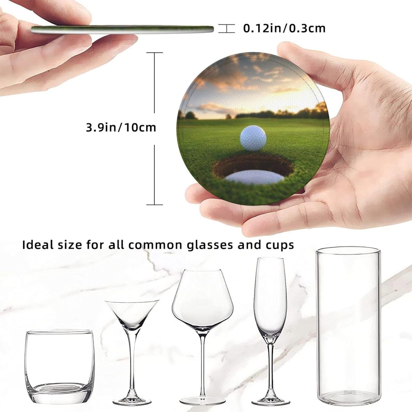 Funny Golf Scenery Coasters for Drinks Round Leather Coaster with Holder Set of 6 for Tabletop Protection Desk Accessories Office Home Room Decor