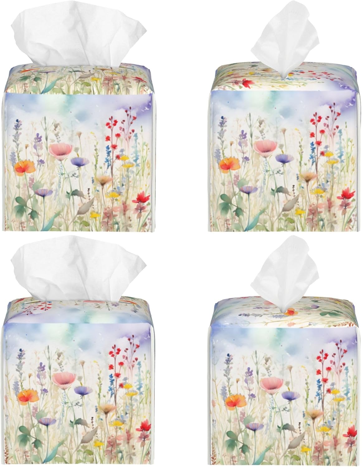 Watercolor Flower Tissue Box Cover Square,Colorful Flowers Tissue Box Holder Waterproof Leather Facial Paper Organizer Dispenser for Bathroom Home Car Nightstand Vanity Desk