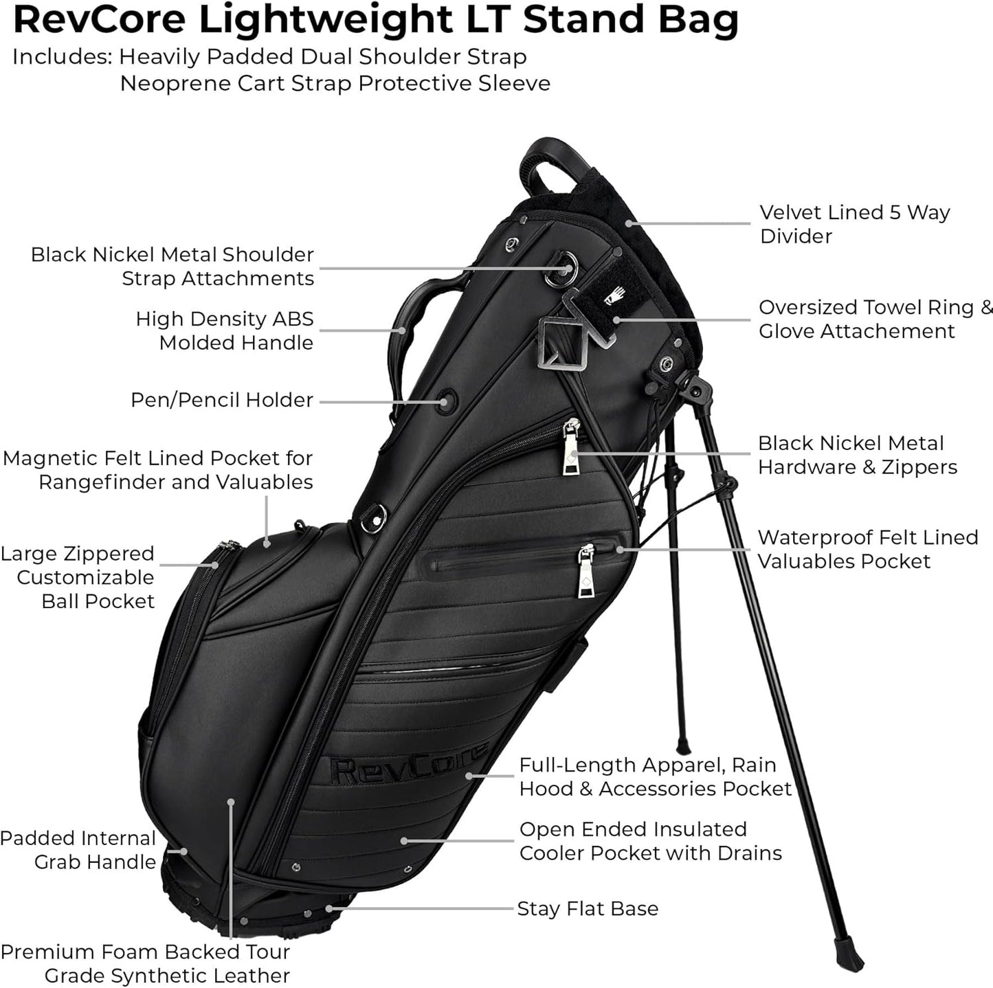 RevCore LT Lightweight Golf Stand Bag by CaddyDaddy – Premium Synthetic Leather Carry Golf Bag for Men & Women with 5-Way Divider, Cooler Pocket, Dual Strap – Golf Bag with Stand