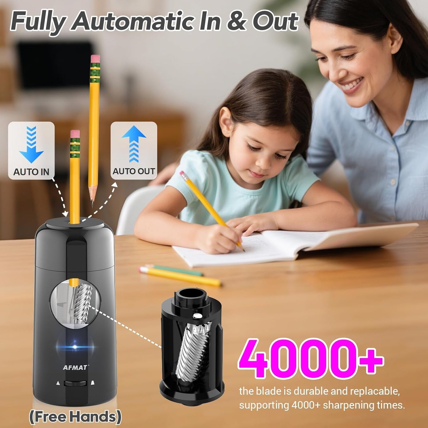 AFMAT Electric Pencil Sharpener, Rechargeable Fully Automatic Pencil Sharpener for Jumbo & Colored Pencils (7-11.5mm), Auto in/Out, Hands-Free, Portable for Home/Classroom/Office PSX6 (Black)