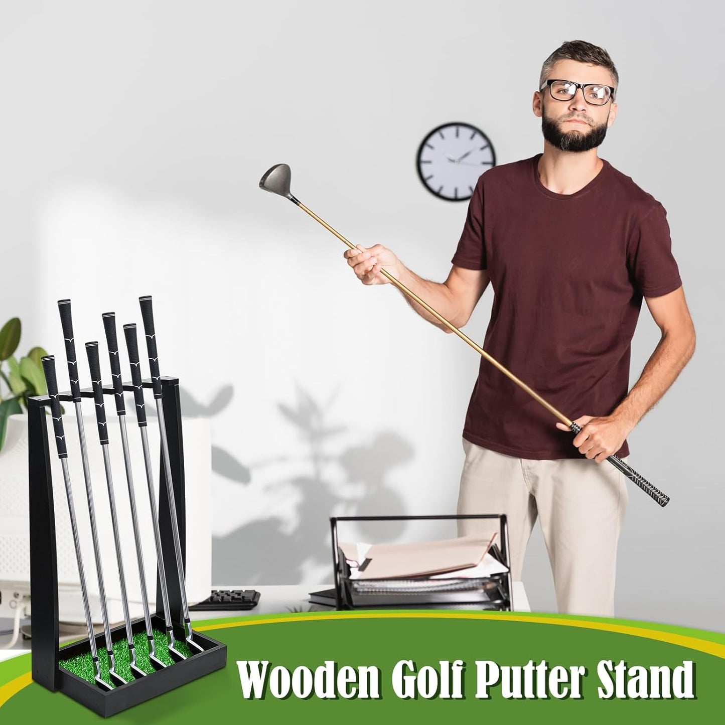 Lenwen Wooden Golf Putter Stand Golf Club Holder Stand Wooden Display Rack Floor Display Rack Club Organizer for Storage Sports Indoor Home Office Simulator Garage
