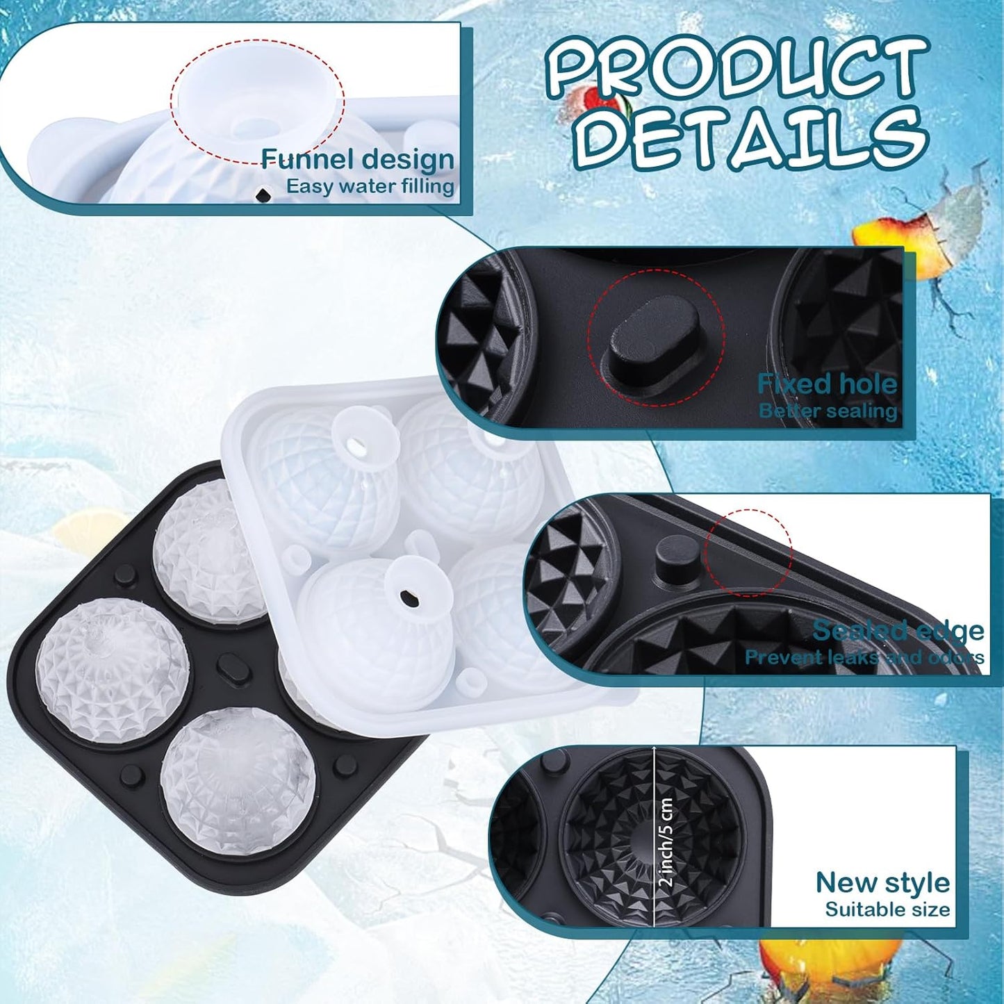 Hoolerry 2 Pcs Silicone Ice Cube Tray Large Square Sphere Golf Ice Tray 4 Hole Fun Shapes Big Ices Cube Mold with Funnel for Whiskey Cocktails Bourbon Chilling White Elephant Gifting(Round)