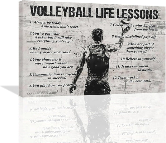 Volleyball Sports Wall Art Volleyball Life Lessons Wall Decor Volleyball Sign Retro Poster Boy Men Room Motivational Decorations Canvas Print Painting Artwork for Bedroom Bathroom Living Room 24"x16"