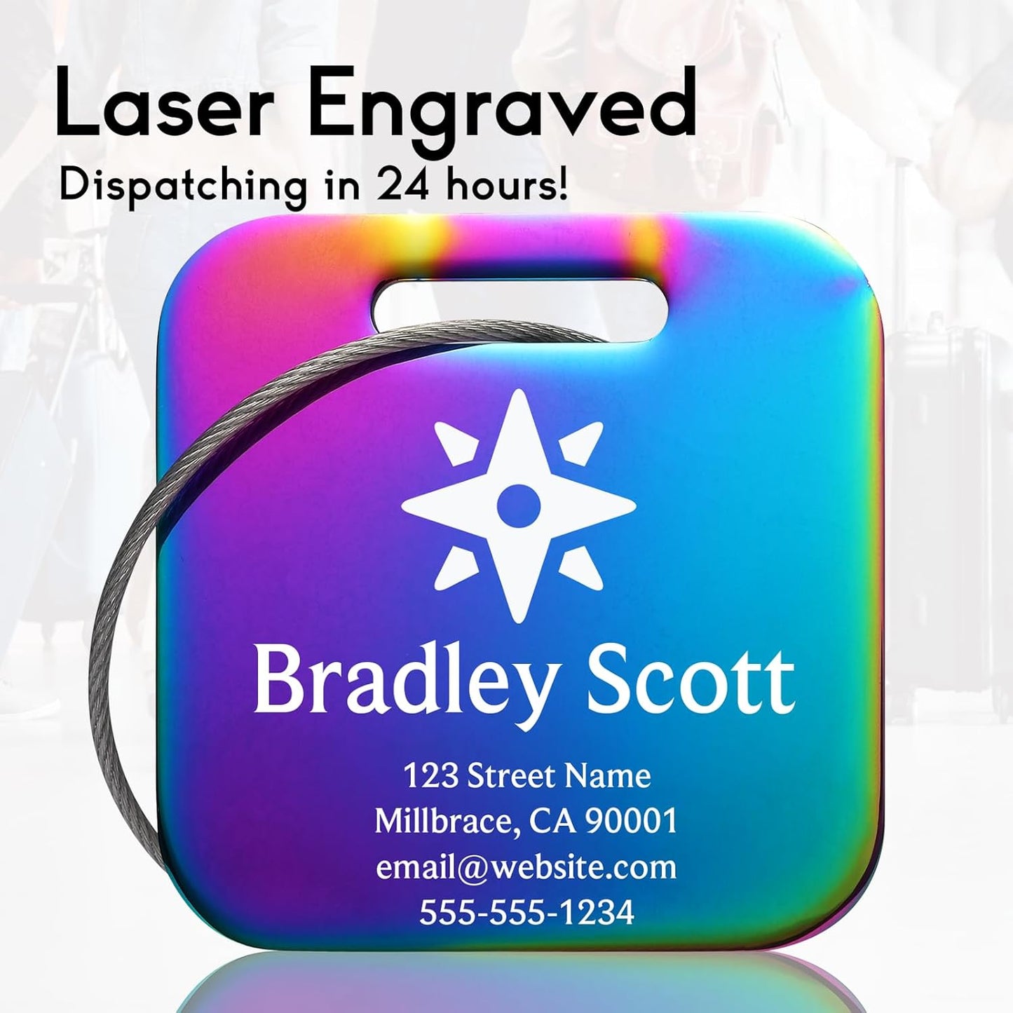 Customizable Stainless Steel Square Luggage Tags, Personalized, Metal, Suitcase, Bag, TSA Approved, Travel, Custom Text, Laser Engraved, Classic Square, Multicolor, 1 Count