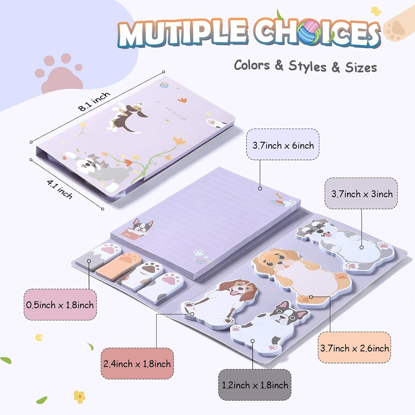Hommie Cute Sticky Notes, Dog Sticky Notes Set Planner Dividers Self-Stick Notes Pads Animal Divider Tabs Bundle Writing Memo for Dog Lovers Home Office School Supplies
