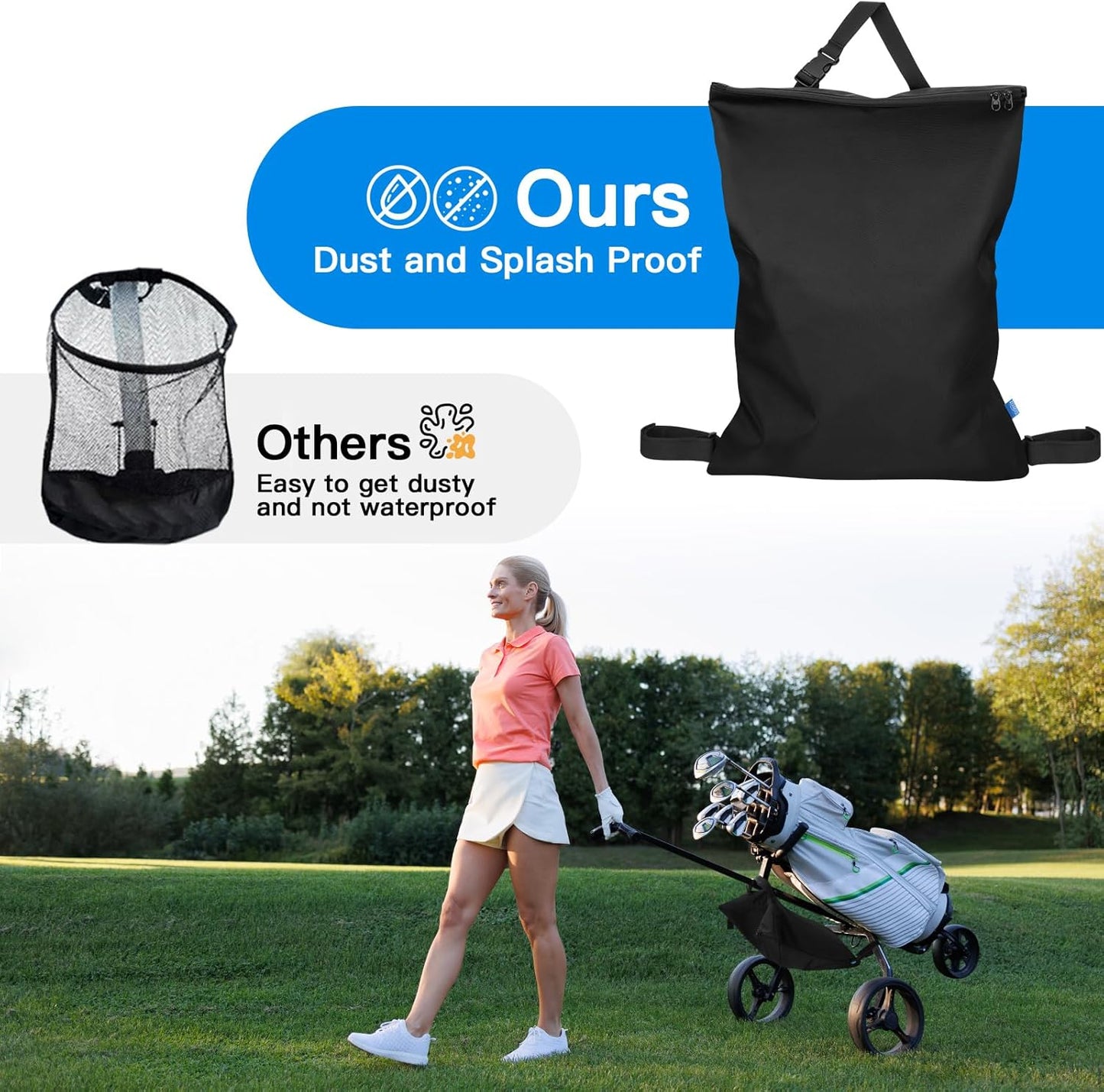 Xxerciz Golf Push Cart Accessories Storage Bag, 3 Wheel Push-Pull Cart Backside Extension Storage Bag with Zipper Closure, Portable Nylon Organizer for Universal Golf Push Carts