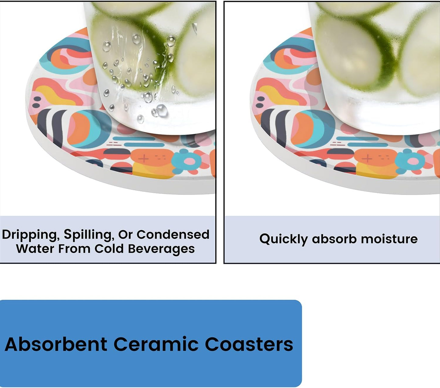 Ceramic Coasters for Drinks with Cork Back, Colorful Abstract Shapes 4 Inch Absorbent Coaster Set 1 Pack, Quick Dry Non-Slip Coaster Mats for Home, Office, Bar