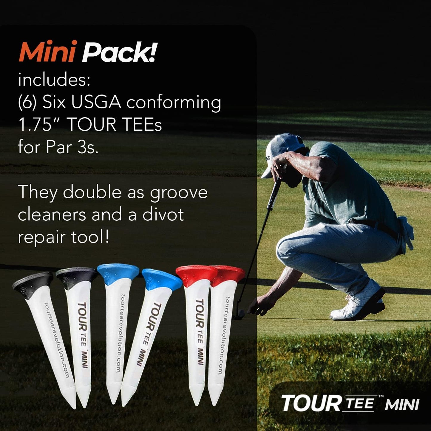 CMCDESIGN Tour Tee Mini Pack - Frictionless Golf Tees for More Distance & Consistent Yards - Reusable, Made w/Recycled Plastic and Virtually Unbreakable - Six 1.75” Short Golf Tees w/Rubber Tip