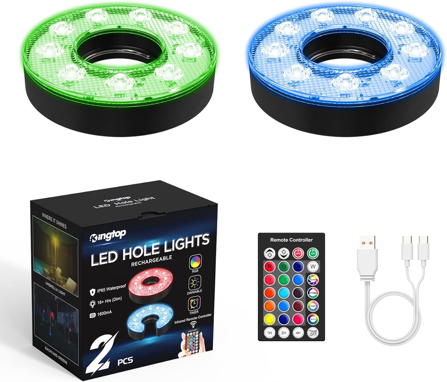 KINGTOP Rechargeable LED Golf Hole Light - Waterproof, Focused Illumination Lens, Remote-Controlled, Perfect for Backyard Night Golf Practice Putting Green Cup Lights, Camping, Outdoor Party