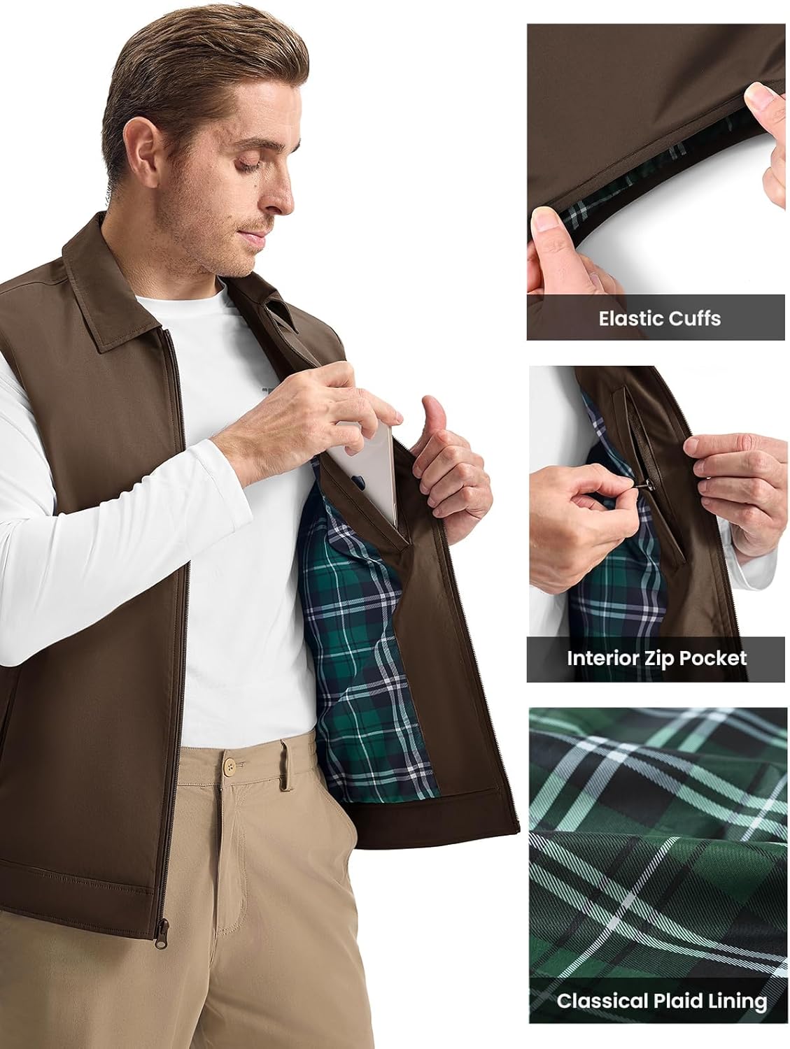 Rdruko Men's Golf Vest Lightweight Outerwear Windproof Water Resistant Grid Lining Vest with Zipper Pockets for Casual