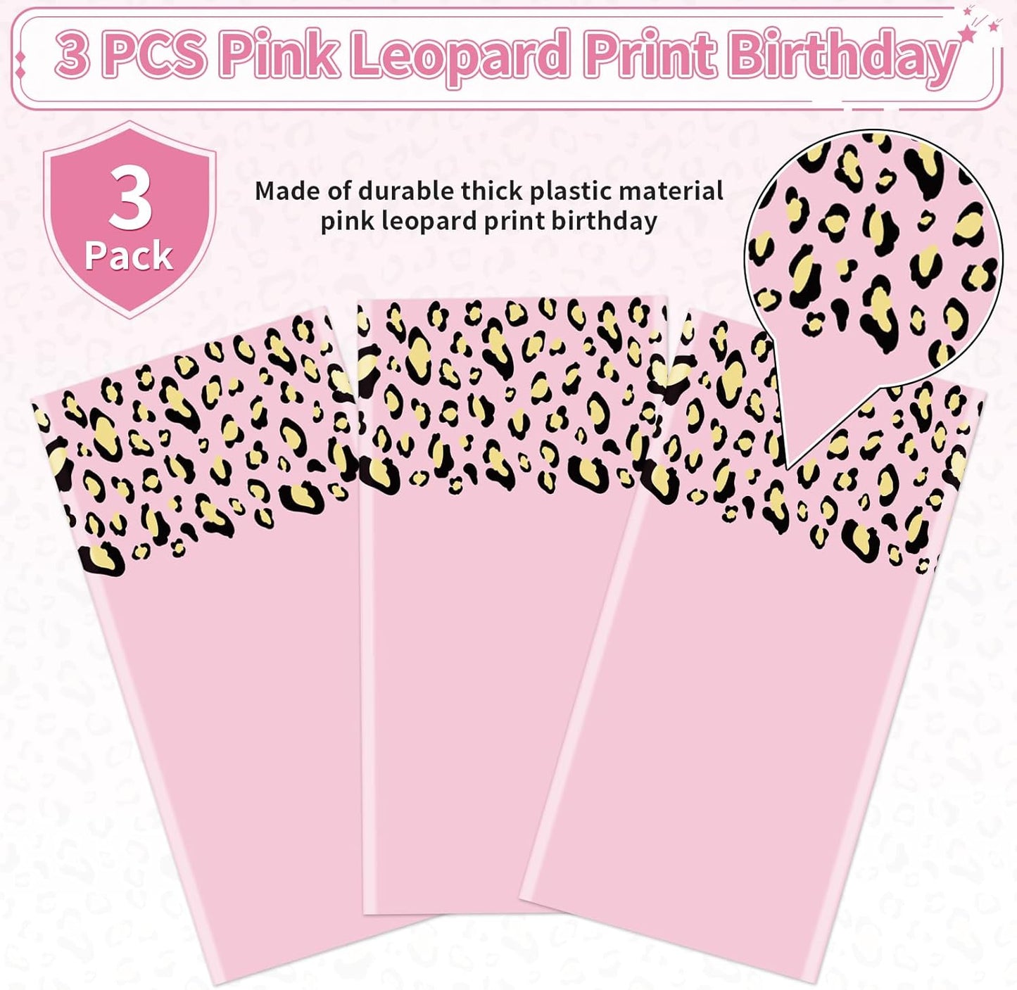 Grencian 3Pcs Cheetah Print Tablecloth Pink Leopard Print Table Cover Plastic Rectangle Leopard Table Cloth for Jungle Safari Animal Cheetah Birthday Baby Shower Party Decorations, 54 x 108 inch