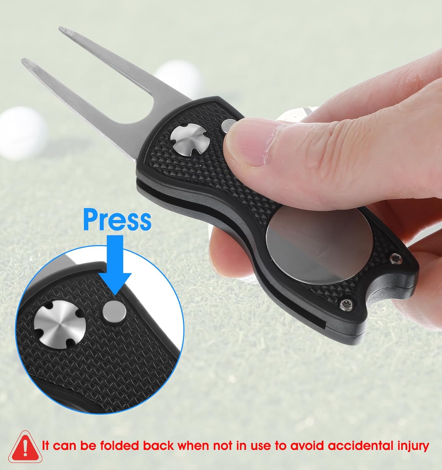 Divot Repair Tool with Ball Marker, Metal Foldable Golf Tool with Pop-up Button Magnetic Marker, Portable Pitch Mark Repair Accessory (Black)