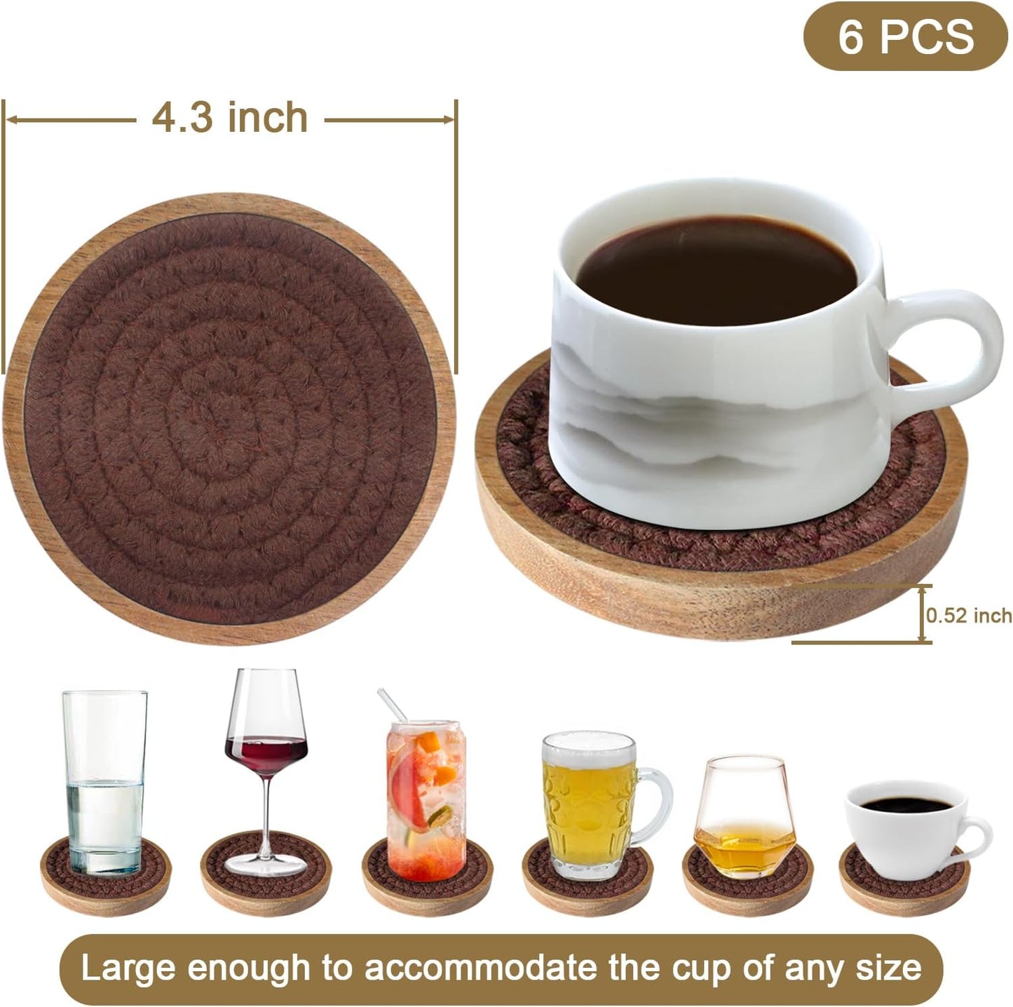 6 Pack Absorbent Coasters, 4.3 inches Cork for Coffee Tables, Wooden Drink Coasters for Kitchen, Farmhouse, Bar, and Office