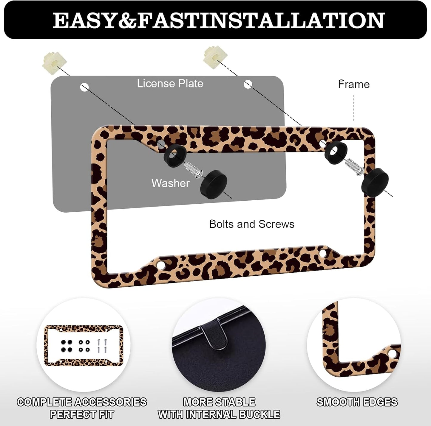 Leopard Print License Plate Frames - 2 Pack Front Rear Animal Brown Cheetah Print License Plates Holder Covers, Aluminum Metal Rust-Proof Waterproof Car Tag Frame with Screws Fasteners Caps