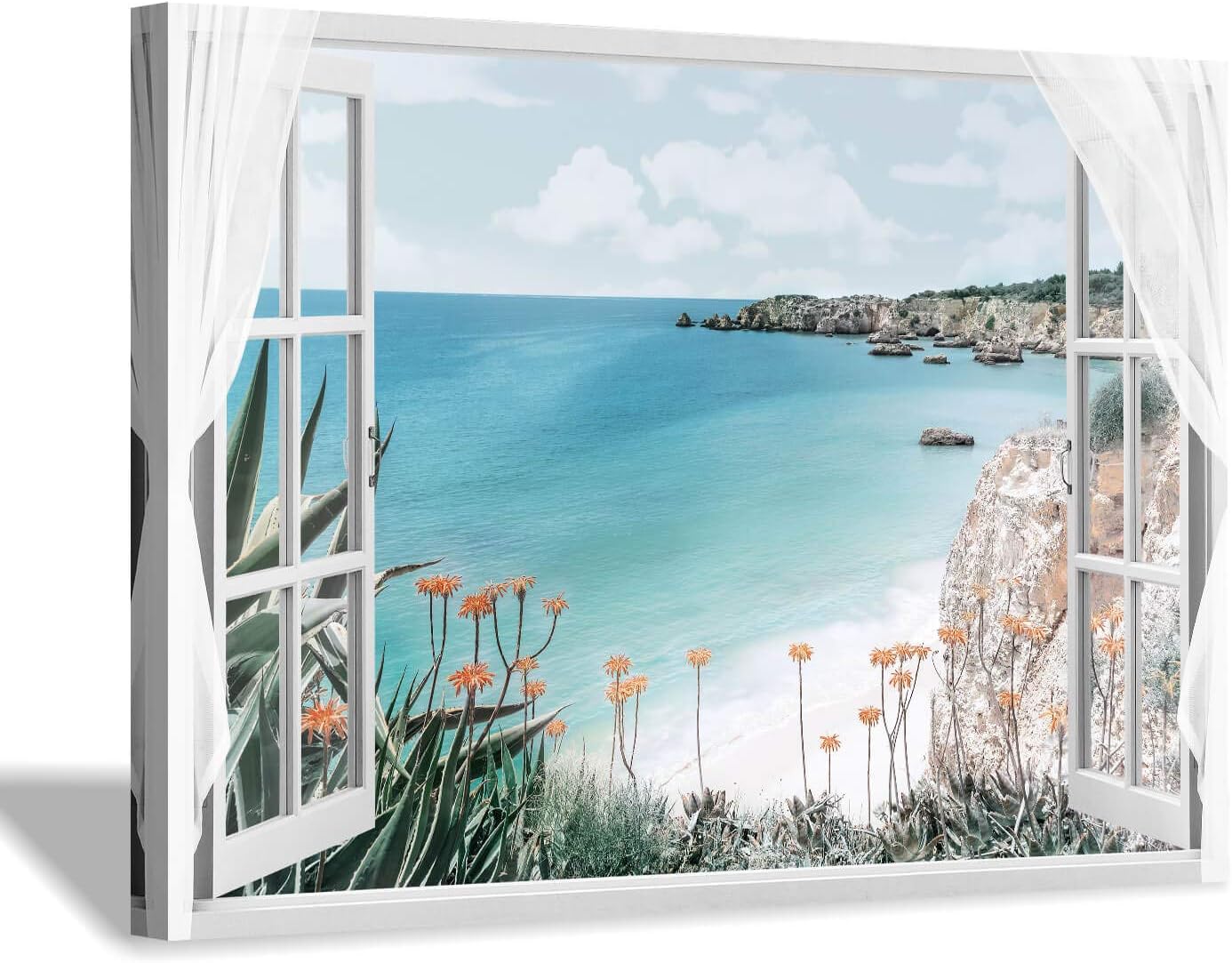 Window Canvas Art Sea Picture: Open Window into Blue Ocean with Beach Wall Art Coastal Artwork for Bedroom (36'' x 24'' x 1 Panel)